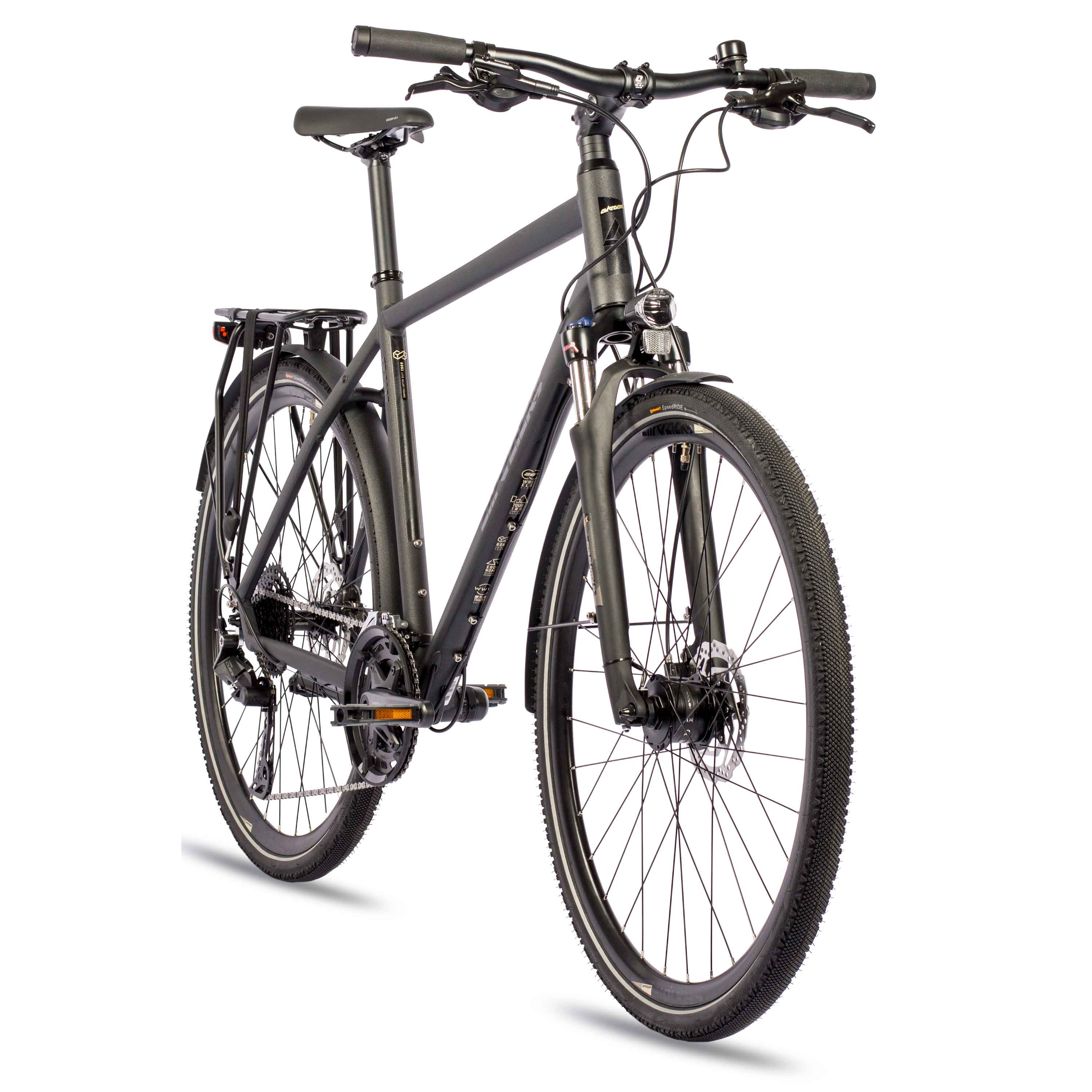 Schwarzes Fahrrad mit geradem Lenker, Schutzblechen und Gepäckträger.