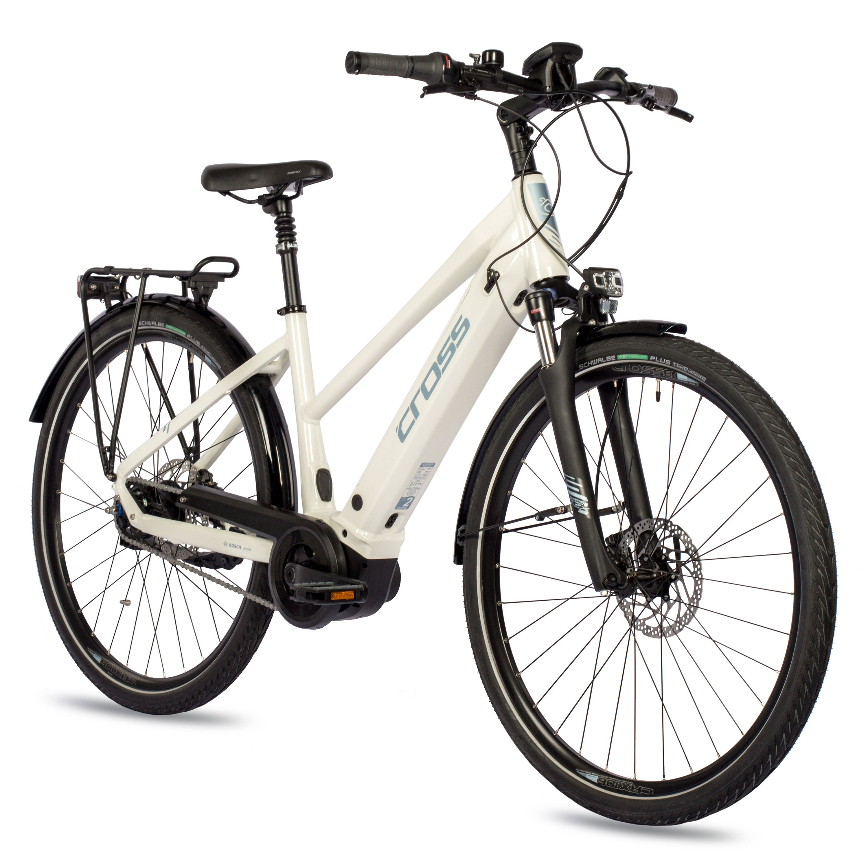 Ein weißes Elektrofahrrad mit schwarzen Reifen und einem silbernen Rahmen vor weißem Hintergrund.