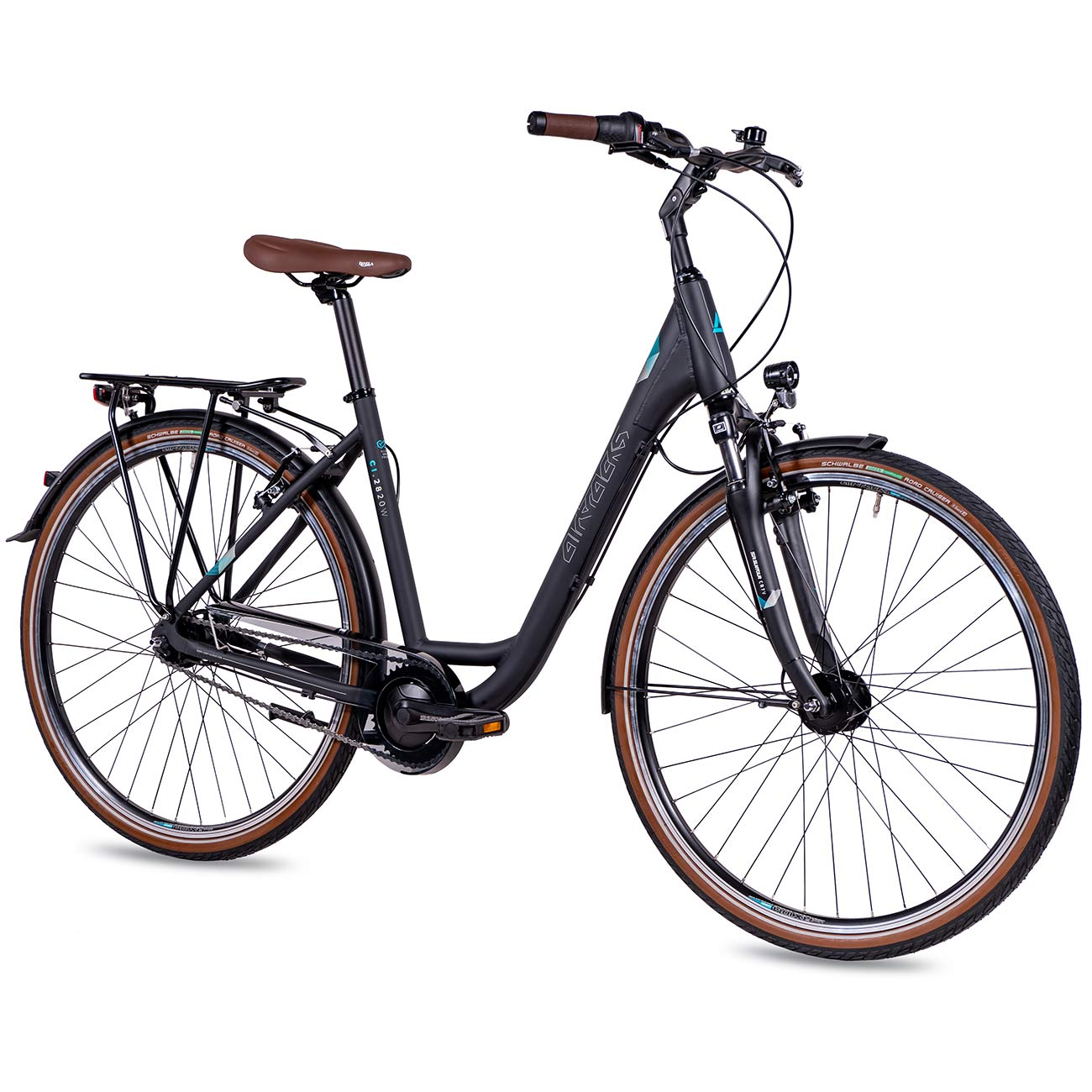 Schwarzes und braunes Citybike mit braunem Sattel und Lenker. Die Räder haben braune Reifen.