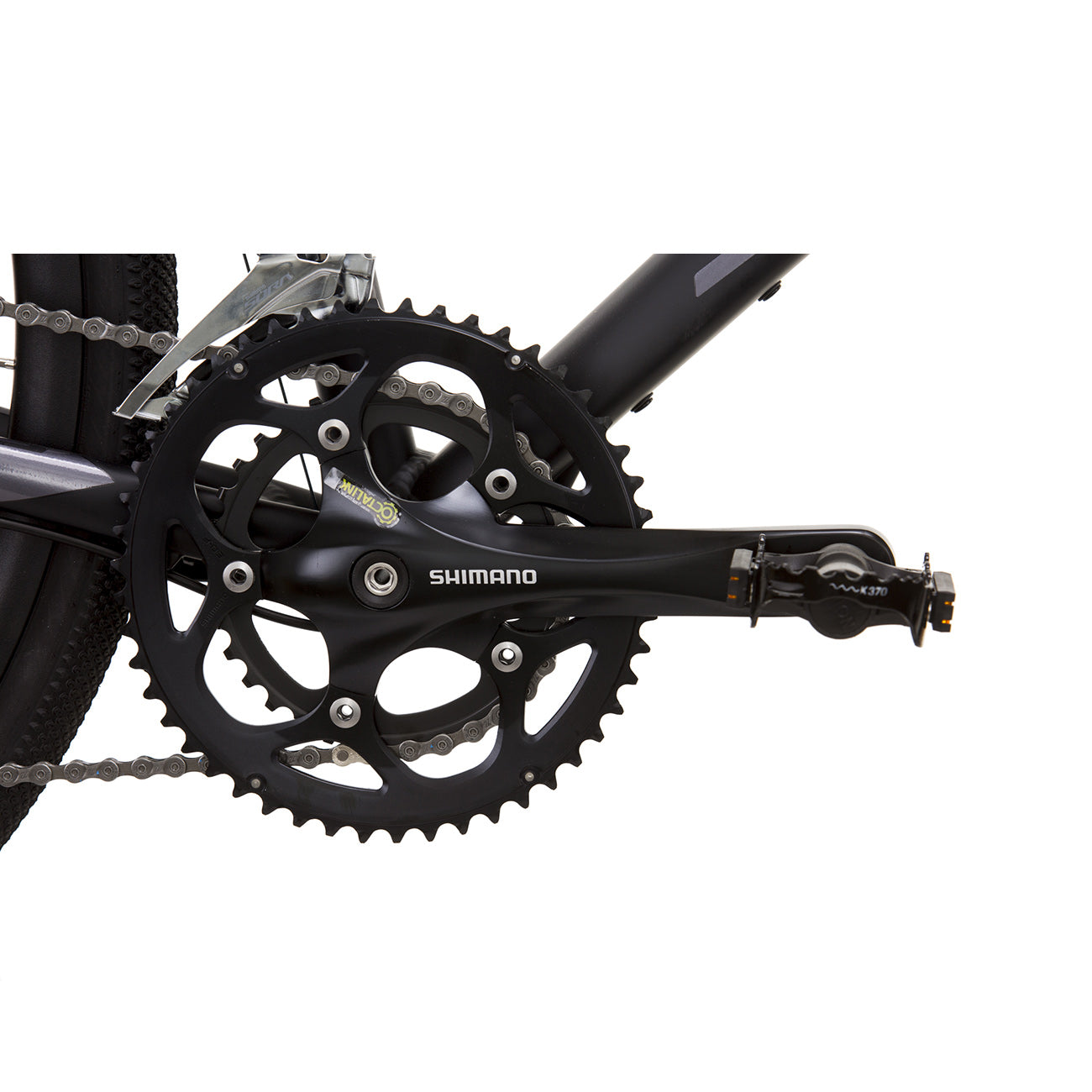 Nahaufnahme eines schwarzen Fahrradketten- und Getriebesystems.