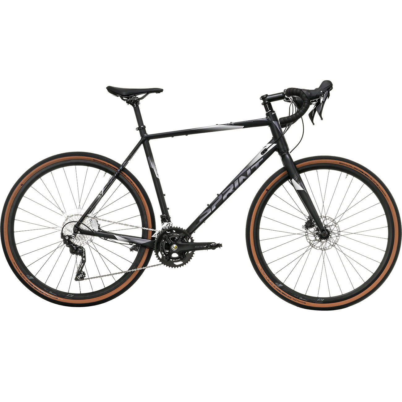 Schwarzes und graues Rennrad auf weißem Hintergrund. Es hat braune Reifen, einen schwarzen Sattel und Lenker.