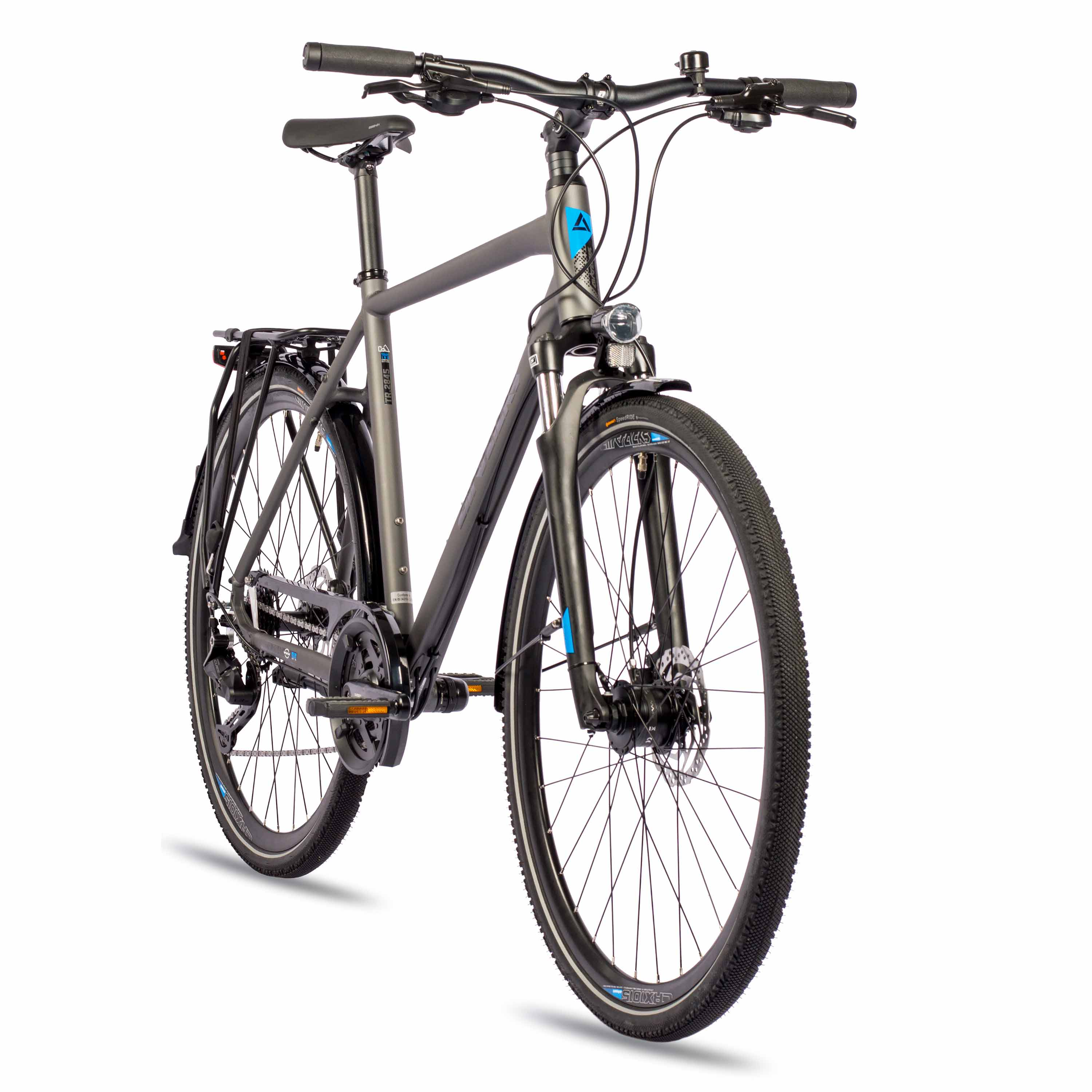 Ein graues Hybridfahrrad mit blauen Details, Frontlicht und Gepäckträger vor weißem Hintergrund.