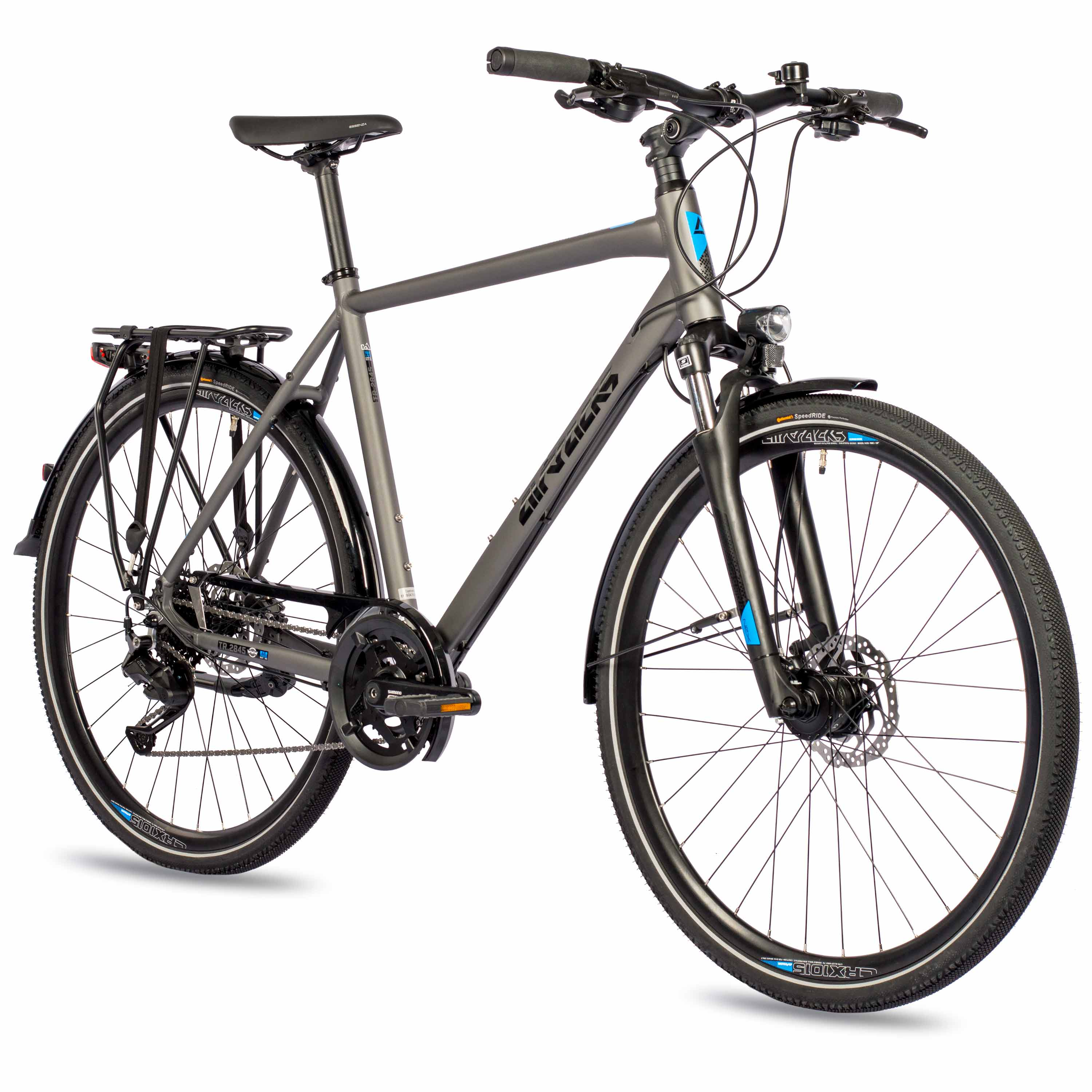 Graues Fahrrad mit schwarzen Reifen und Gepäckträger auf weißem Hintergrund.