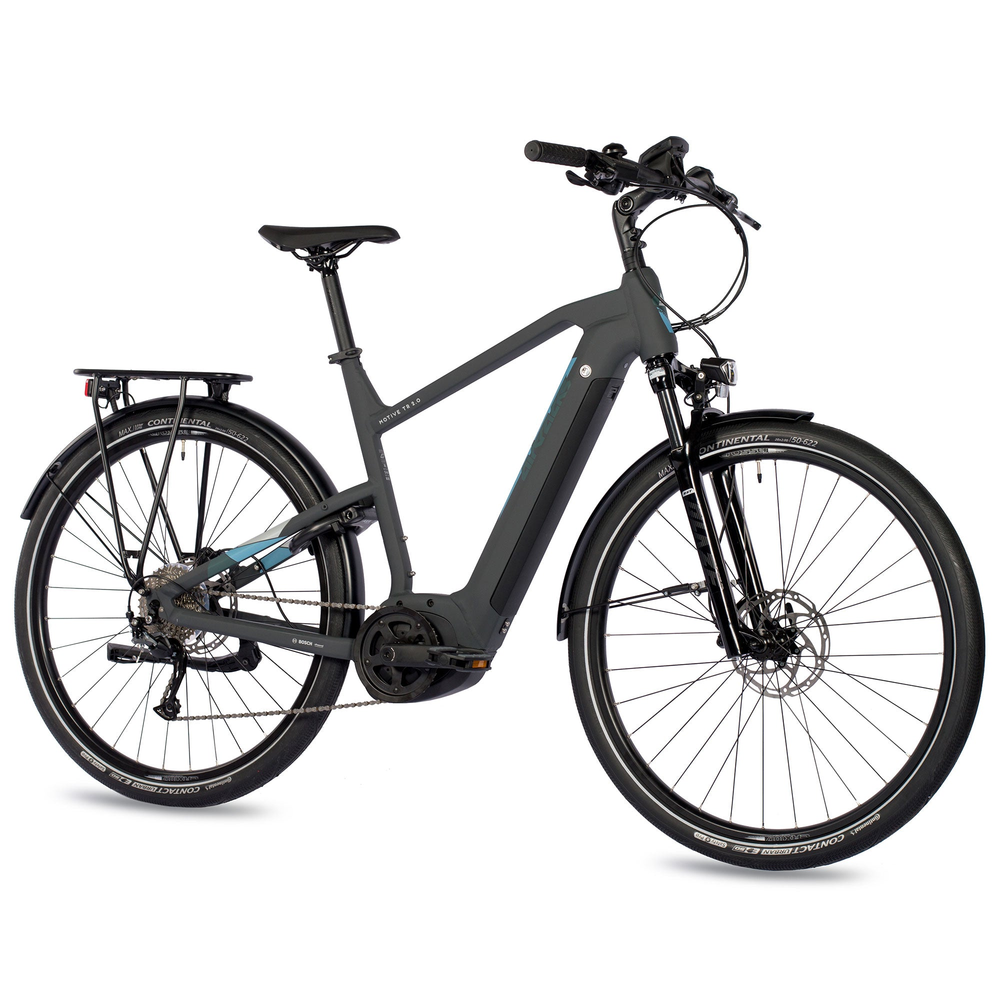 Graues Elektrofahrrad auf weißem Hintergrund. Es hat schwarze Reifen.