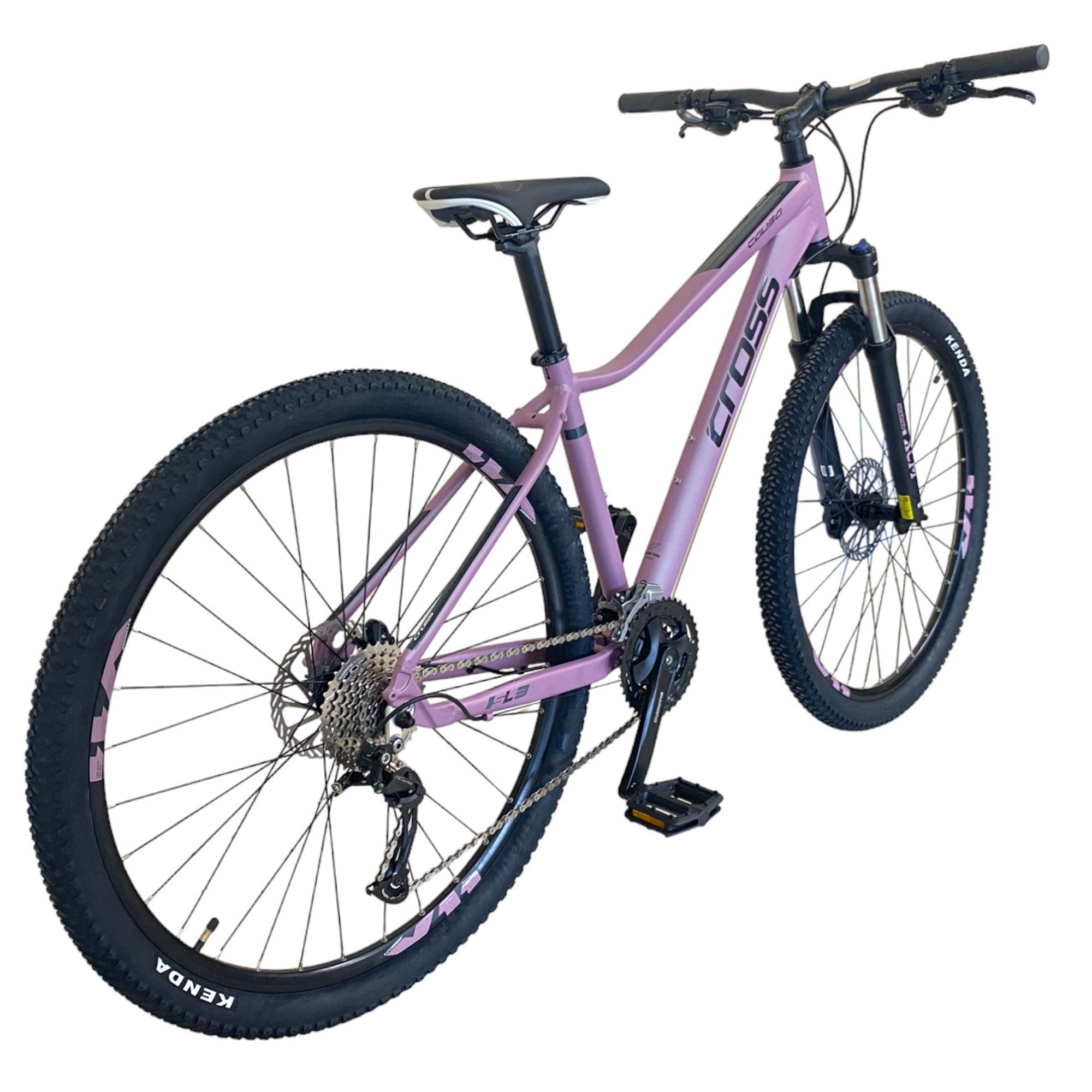 Lila Mountainbike mit schwarzen Reifen und silbernen Komponenten. Es ist vor weißem Hintergrund.