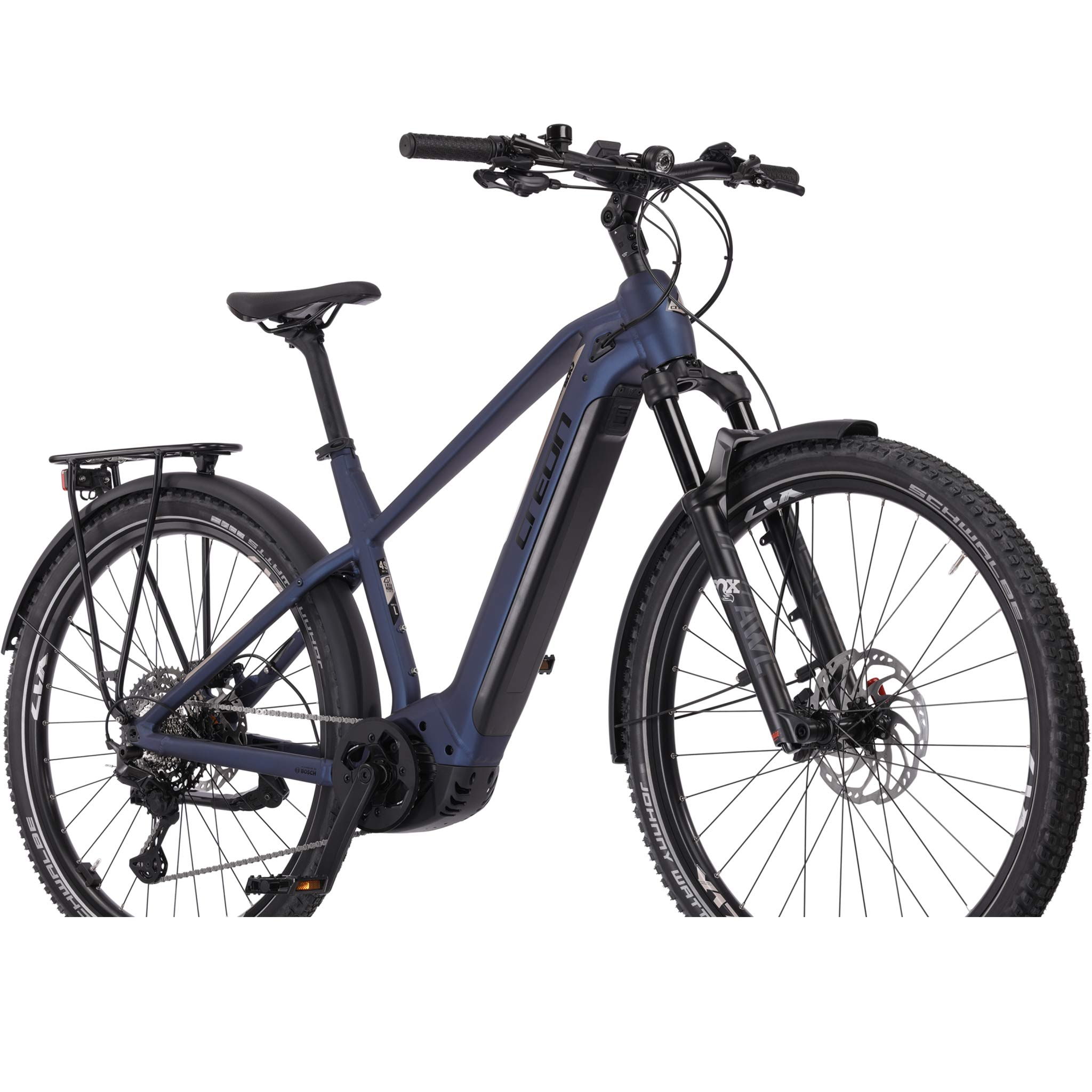 Blaues Elektrofahrrad mit schwarzen Reifen und Komponenten. Weißer Hintergrund.