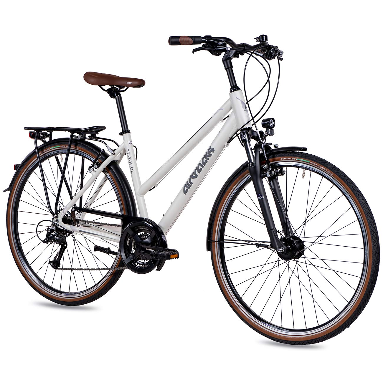 Ein weißes und graues Fahrrad mit braunen Reifen und Sattel. Es hat einen schwarzen Lenker und einen Gepäckträger.