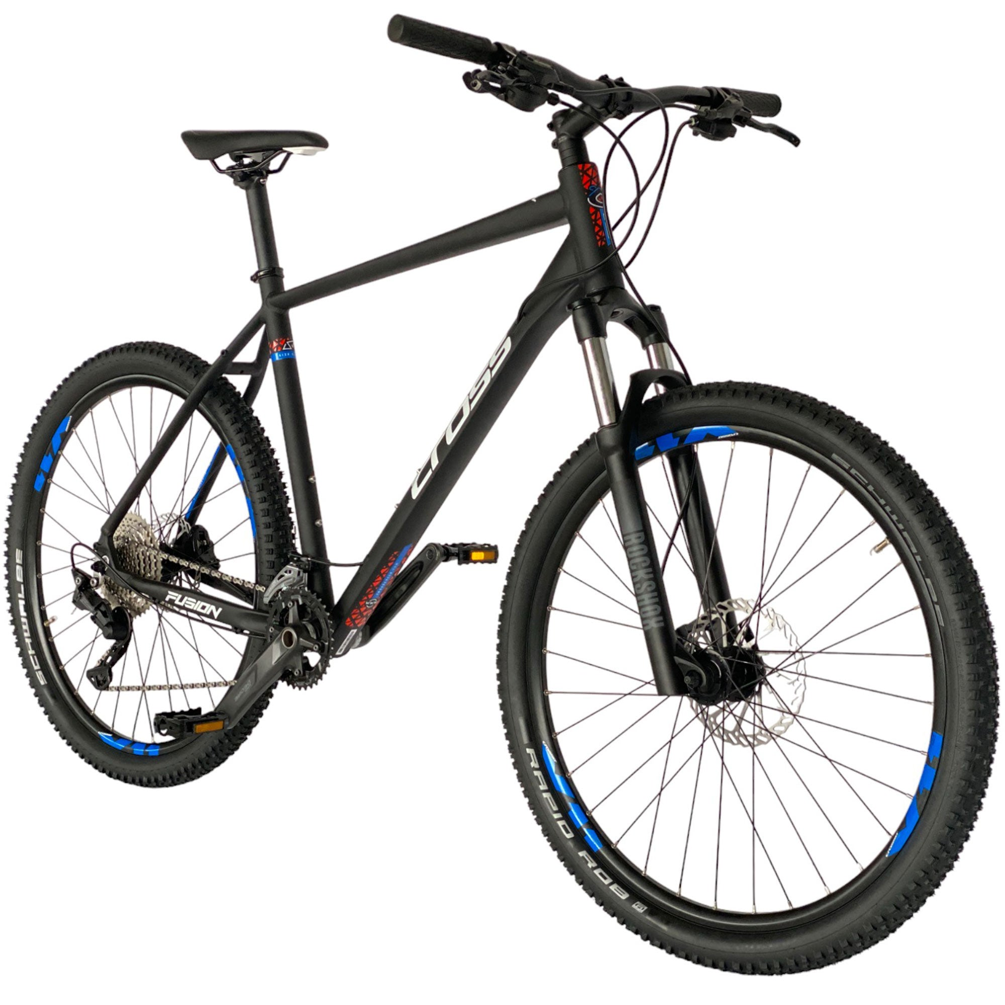 Schwarzes Mountainbike mit blauen Akzenten, weißer Hintergrund, Blick von unten.