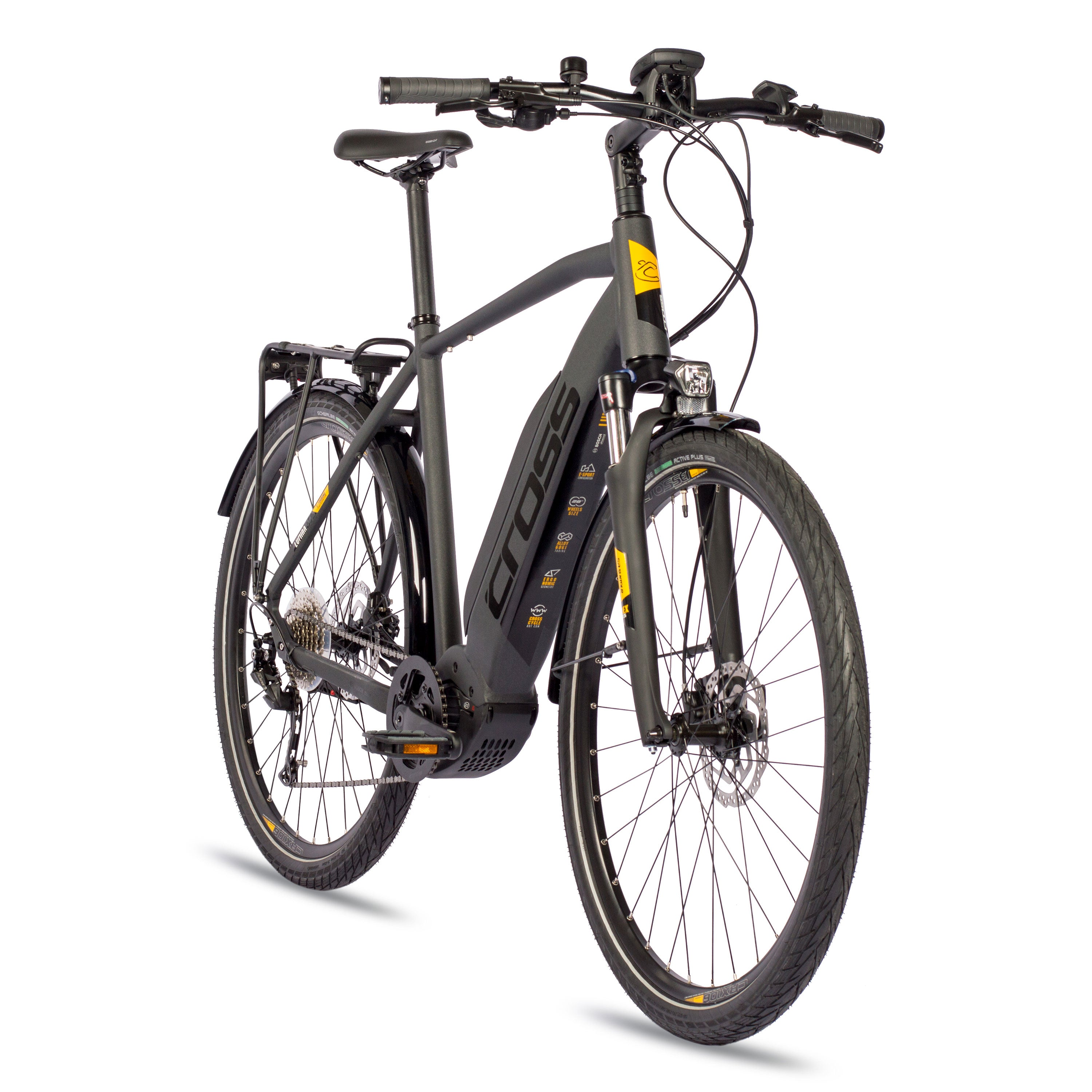 Schwarzes und gelbes Elektrofahrrad auf weißem Hintergrund. Merkmale sind Motor, Gänge und Scheibenbremsen.