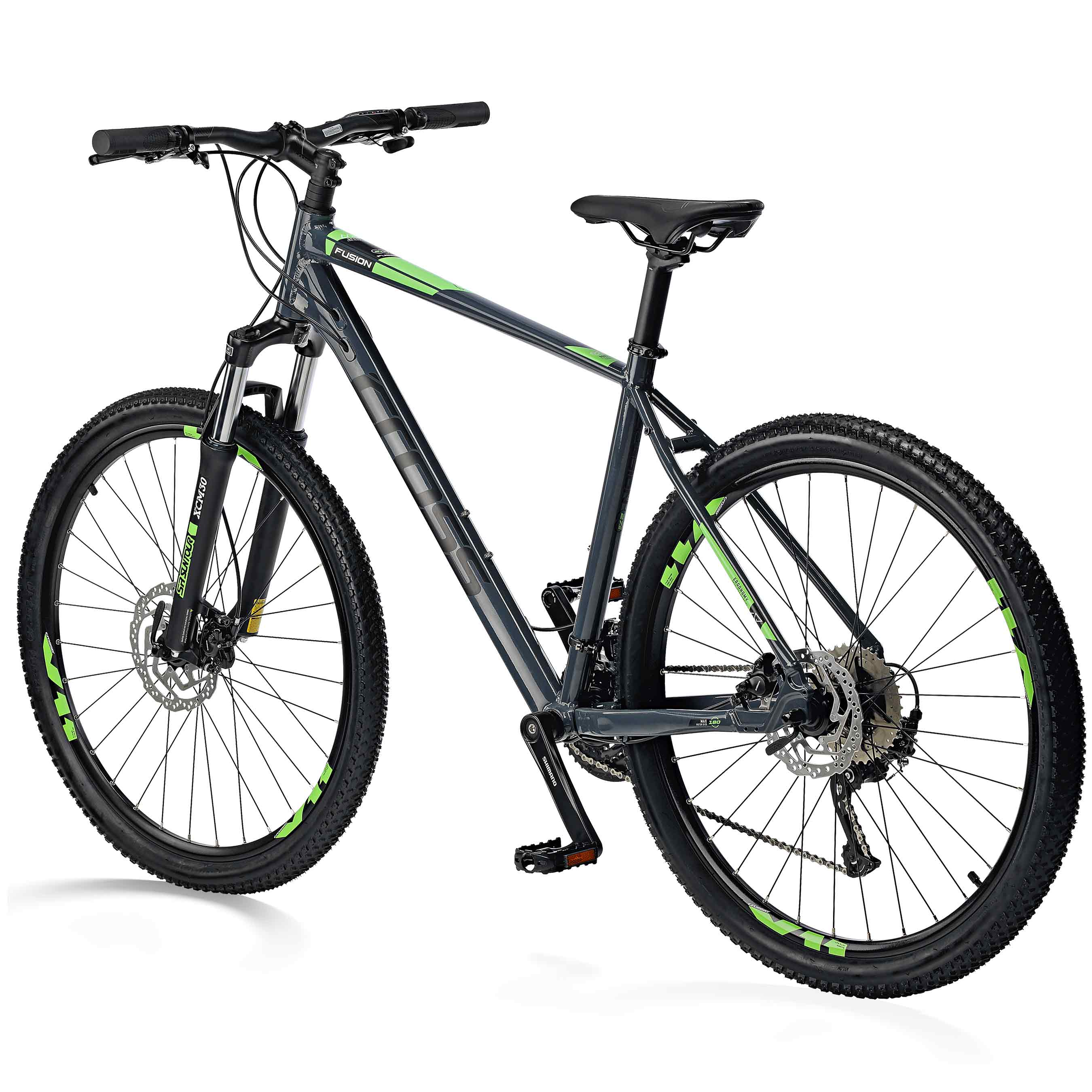 Mountainbike mit grauem Rahmen und grünen Akzenten. Hat schwarze Reifen und einen schwarzen Sitz.