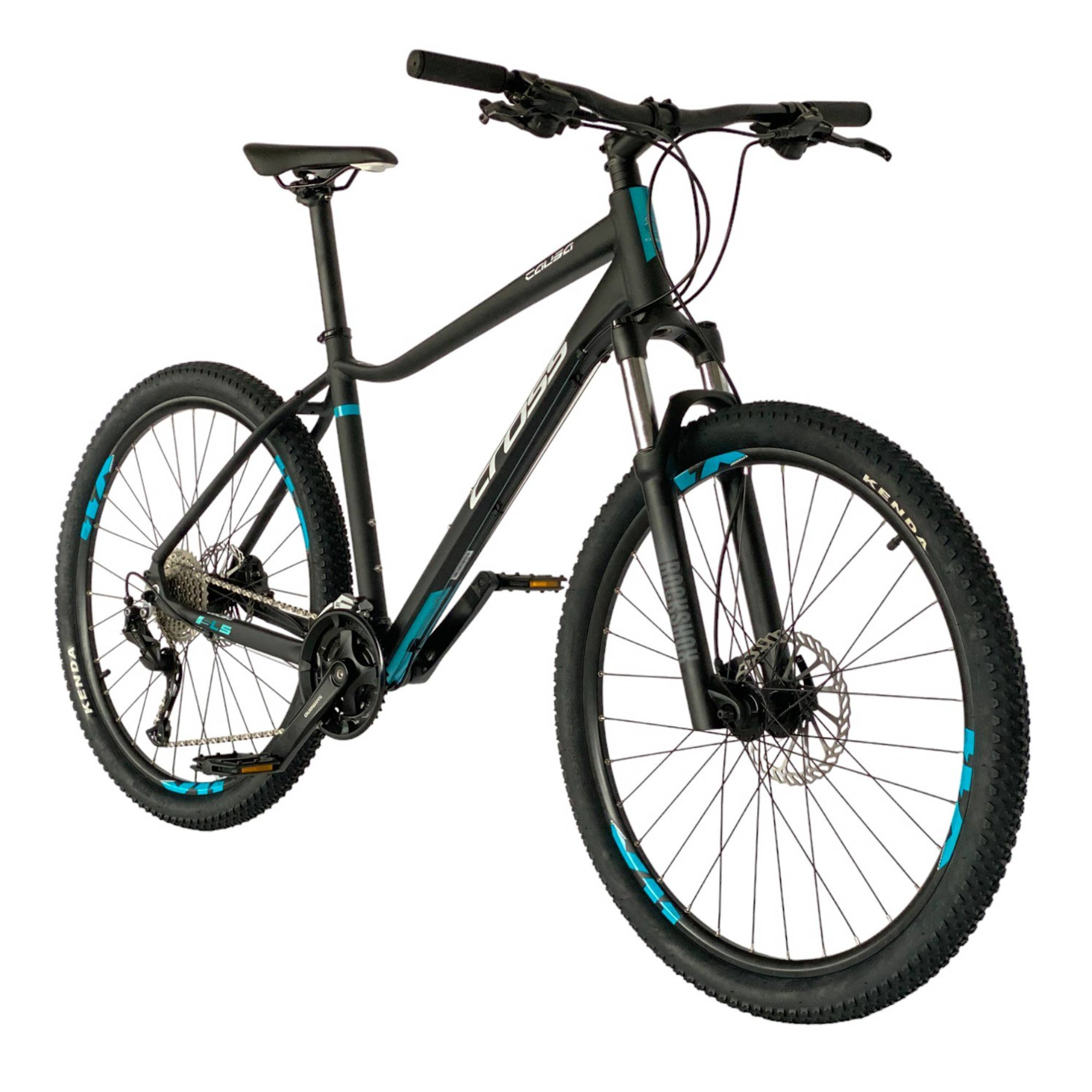 Schwarz-blaues Mountainbike. Weißer Hintergrund. Türkisfarbene Akzente.