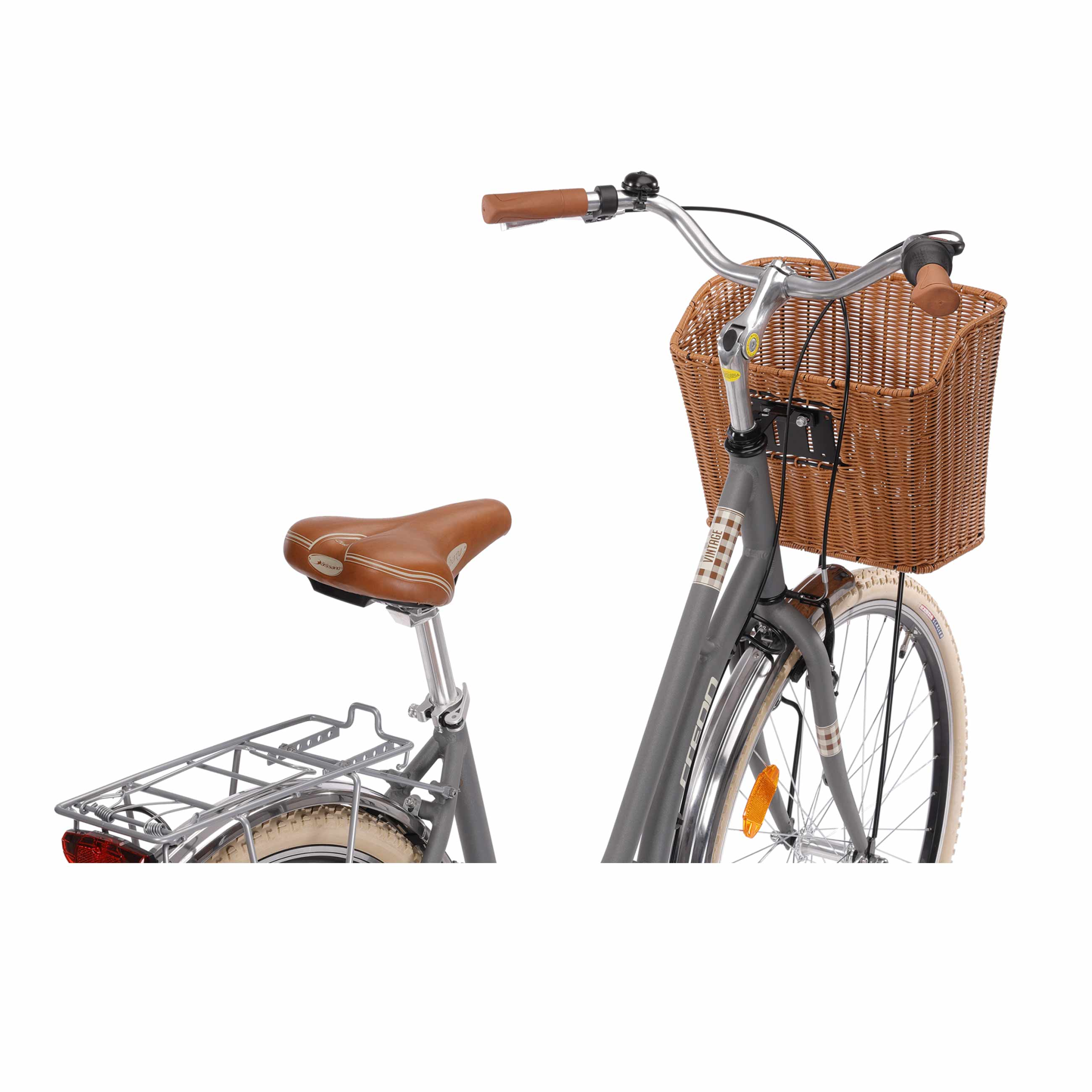 Graues Fahrrad mit braunem Korb und Sitz, freigestellt auf weißem Hintergrund.
