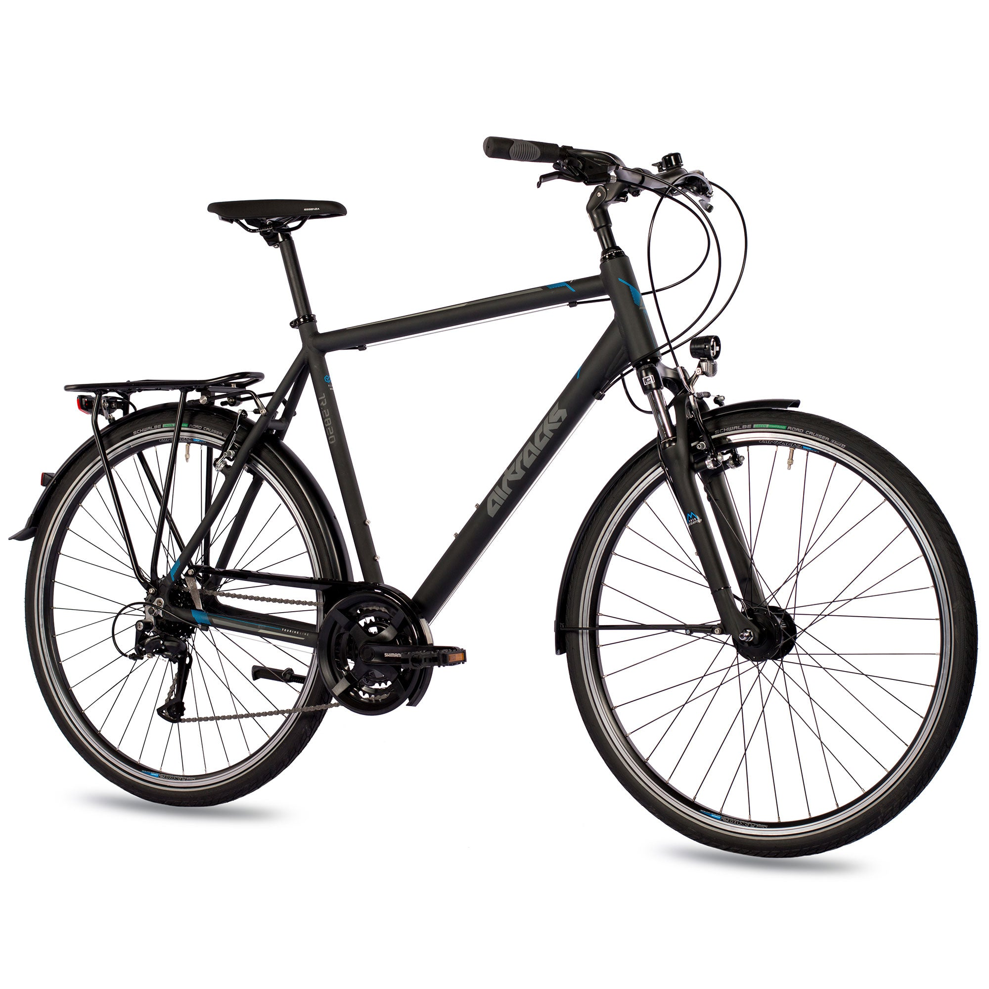 Ein schwarzes Fahrrad mit schwarzen Reifen, einem schwarzen Rahmen und blauen Akzenten vor weißem Hintergrund.