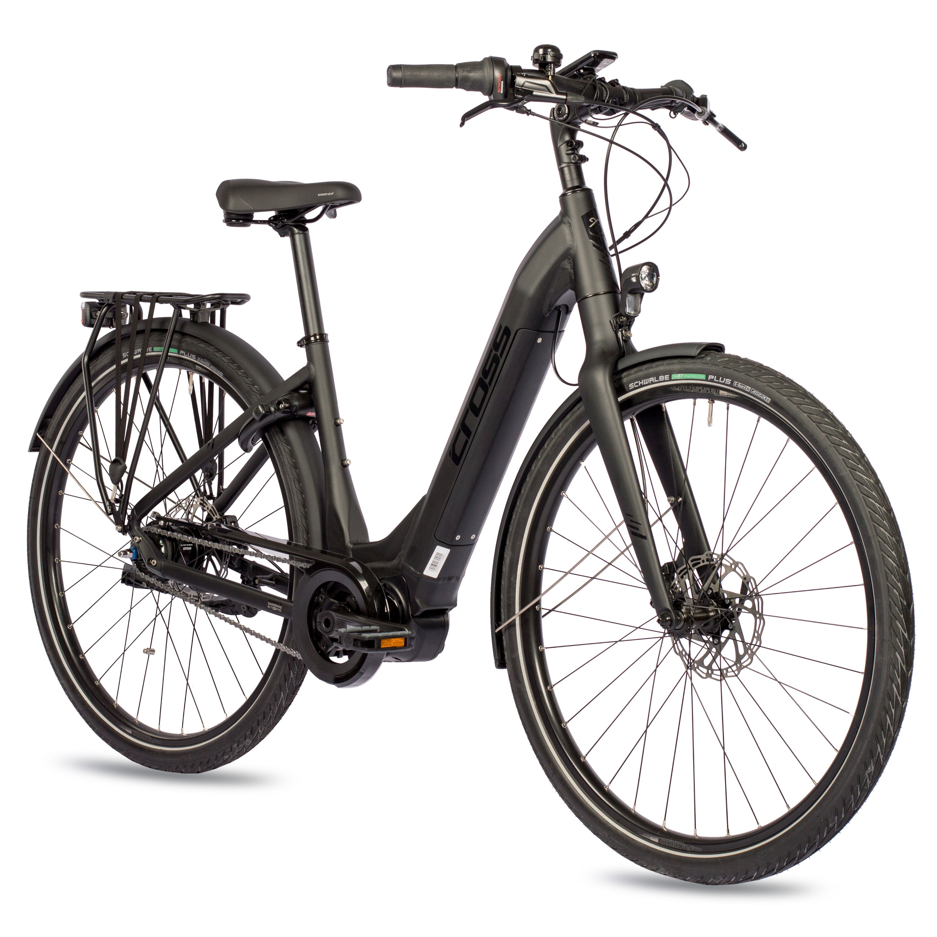 Ein schwarzes Elektrofahrrad mit Akku, Schutzblechen, Gepäckträger und Lichtern, isoliert auf weißem Grund.