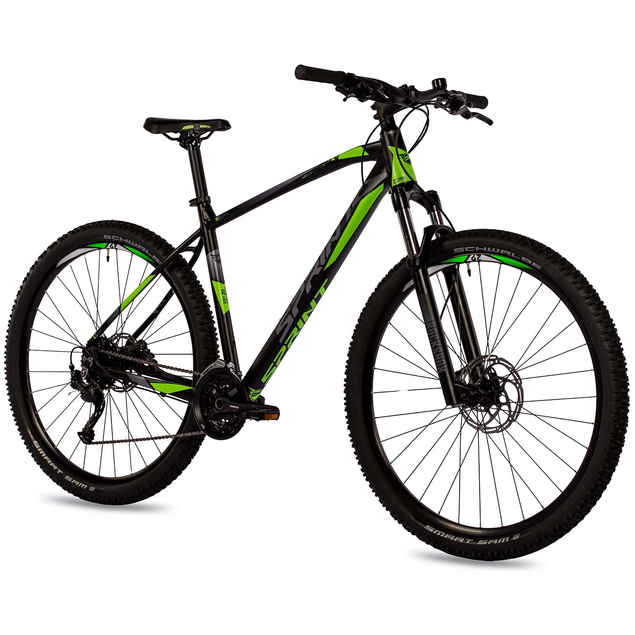 Ein Fahrrad mit schwarzen und grünen Details. Es befindet sich auf weißem Hintergrund.