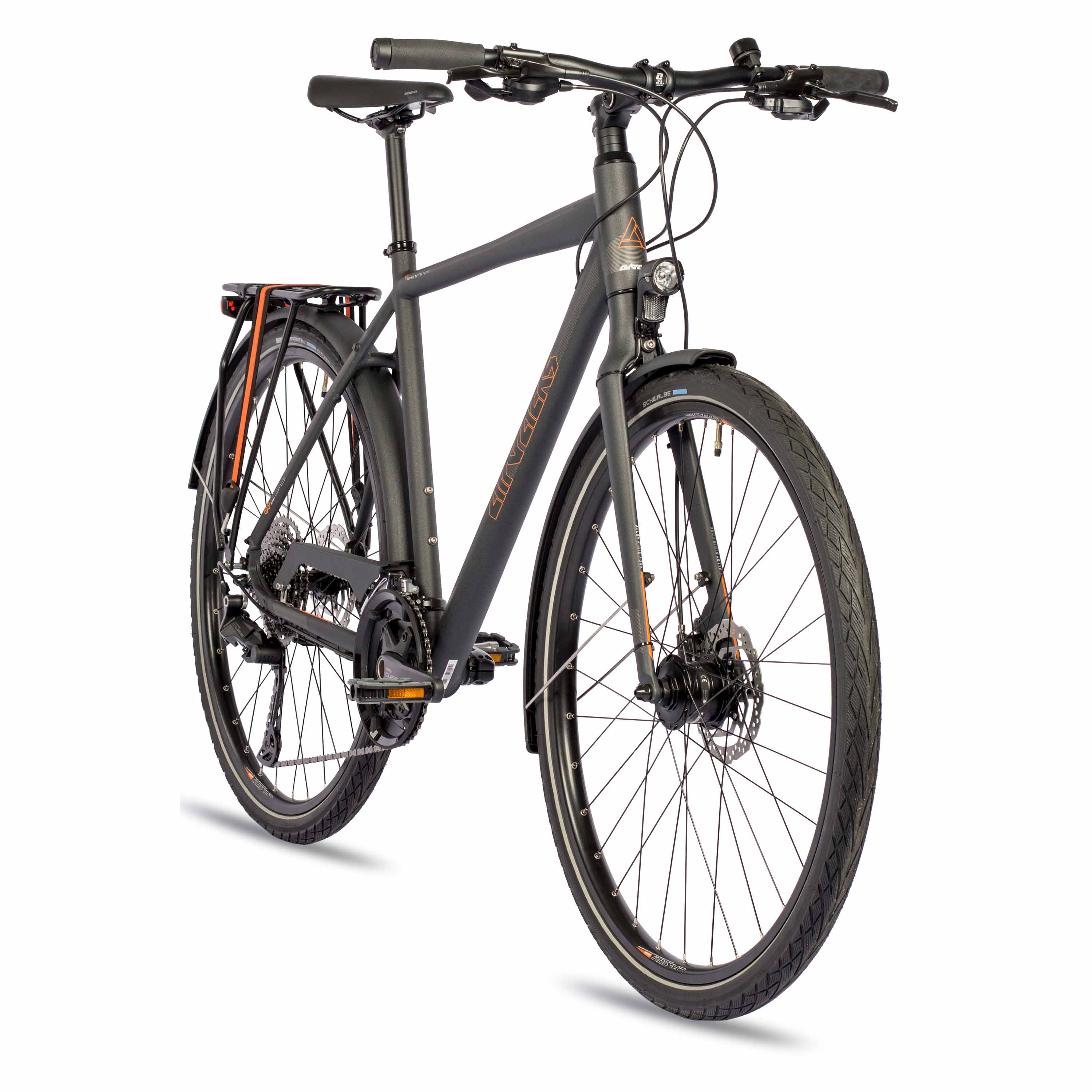 Schwarzes Fahrrad auf weißem Hintergrund. Das Fahrrad hat schwarze Reifen und einen schwarzen Rahmen.