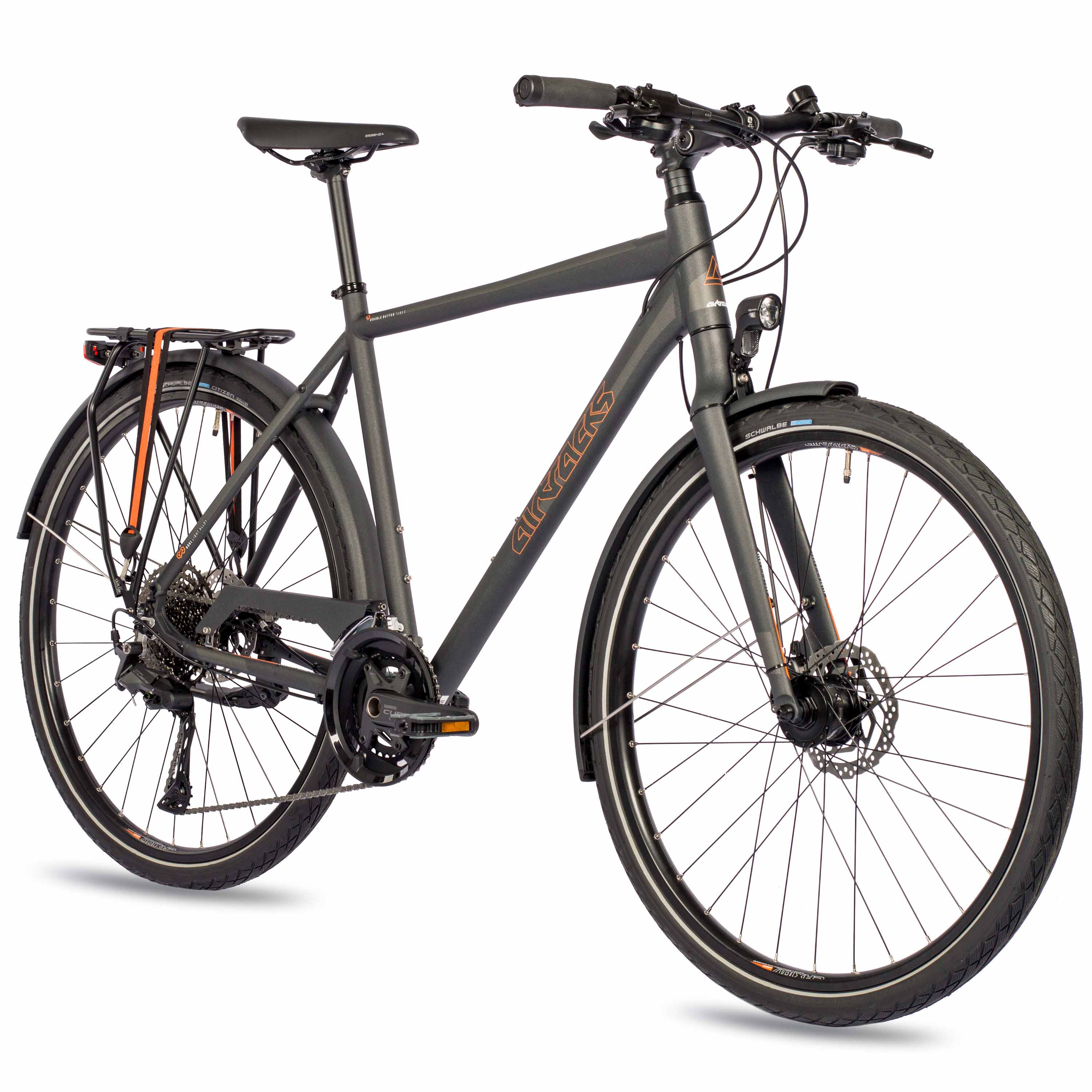 Schwarzes und graues Fahrrad mit orangefarbenen Akzenten, geparkt auf weißem Hintergrund.