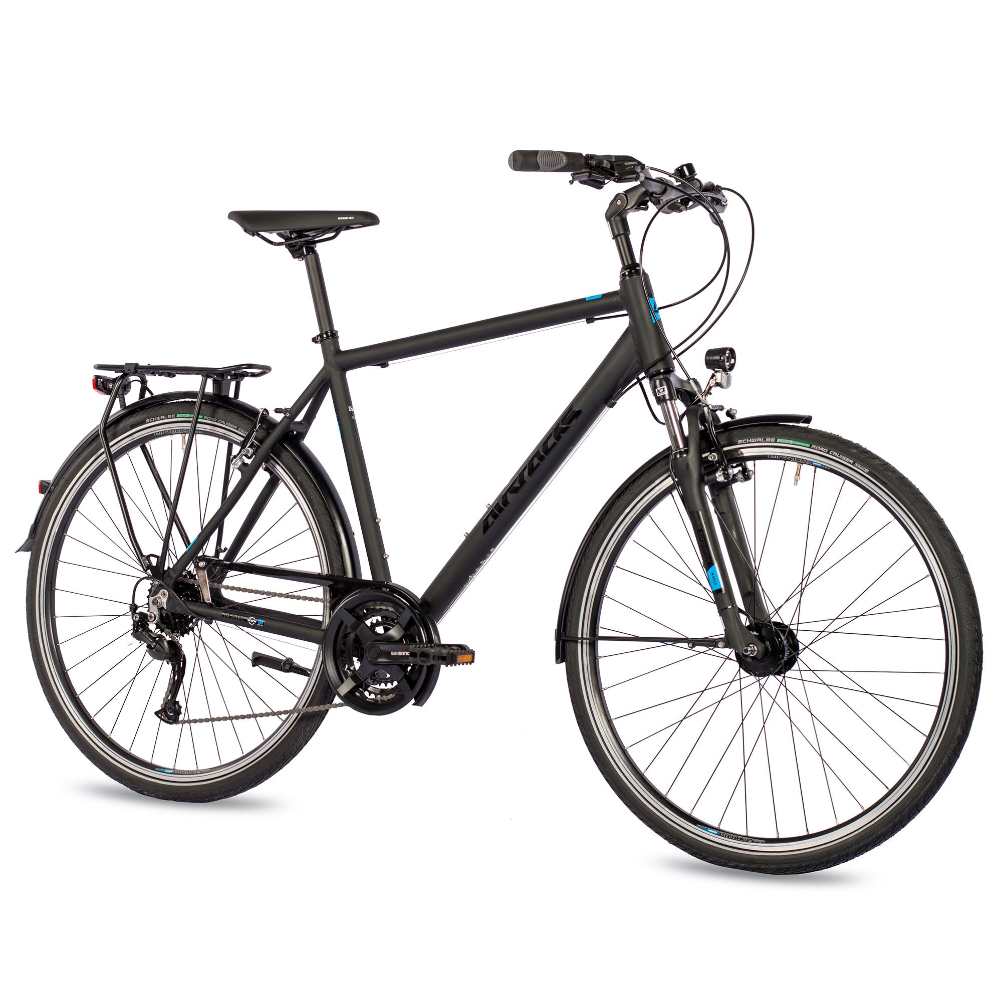 Schwarzes Fahrrad mit schwarzem Sattel und Rahmen, auf weißem Hintergrund.