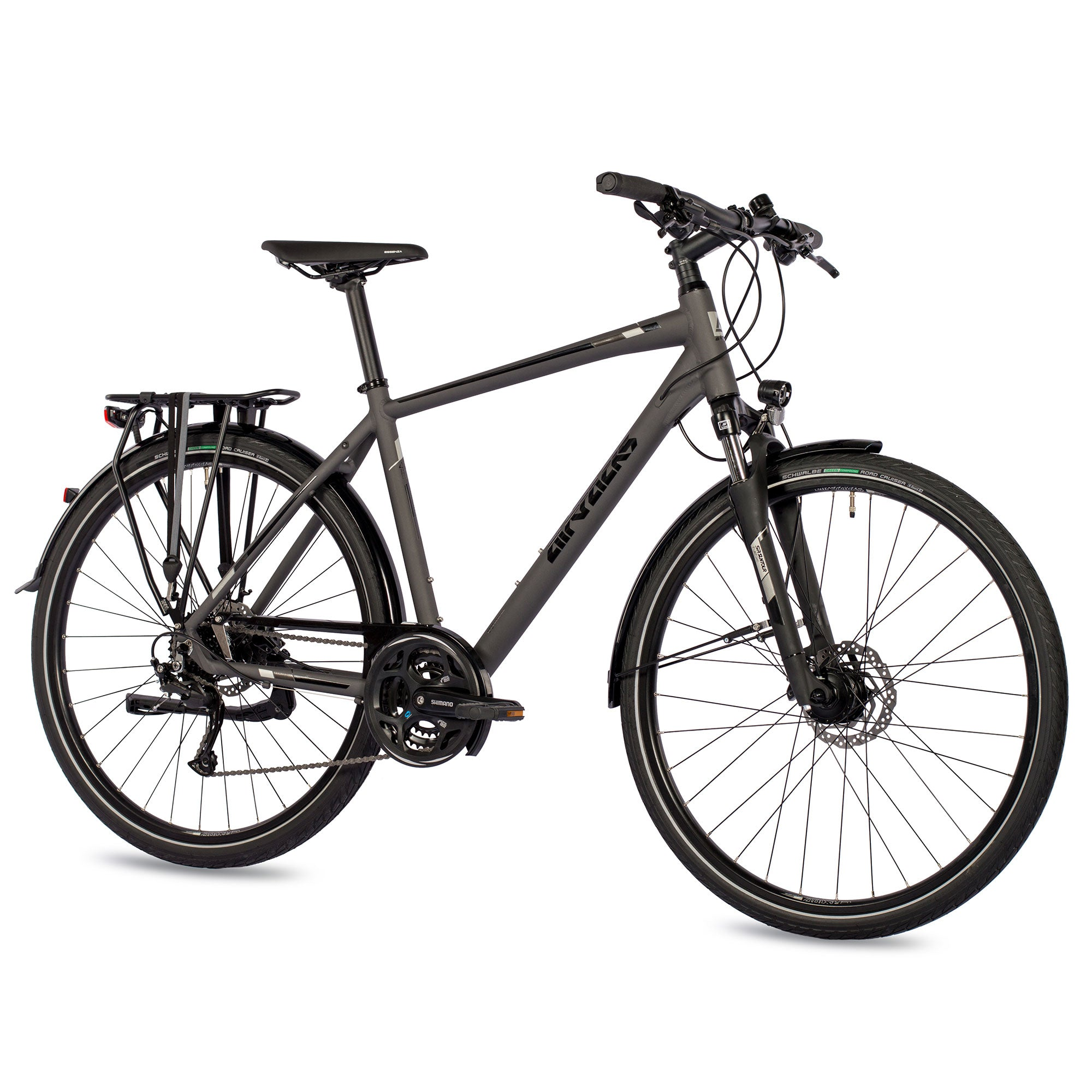 Ein graues Fahrrad mit schwarzen Komponenten vor weißem Hintergrund.