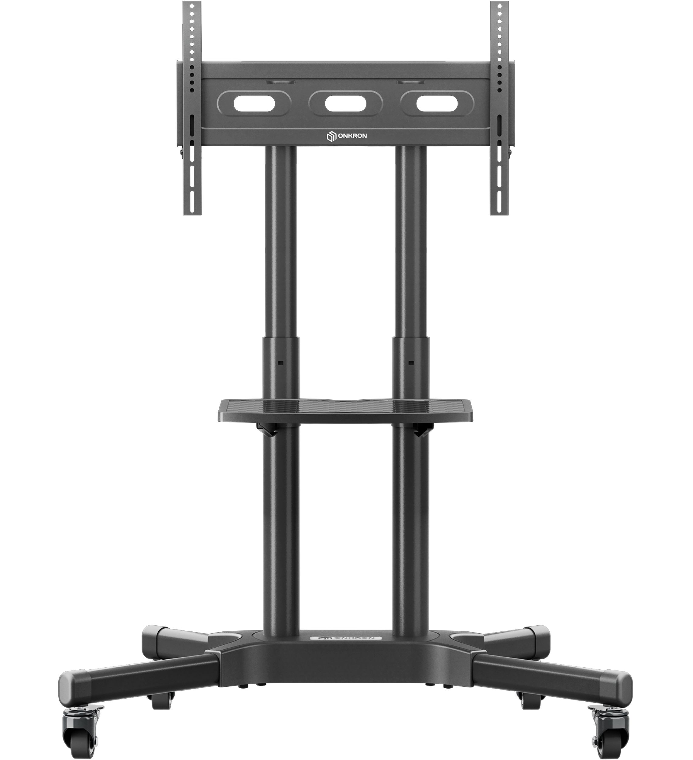 Czarny stojak pod telewizor z kółkami, trzymający wspornik. Jest to mobilna, regulowana jednostka.