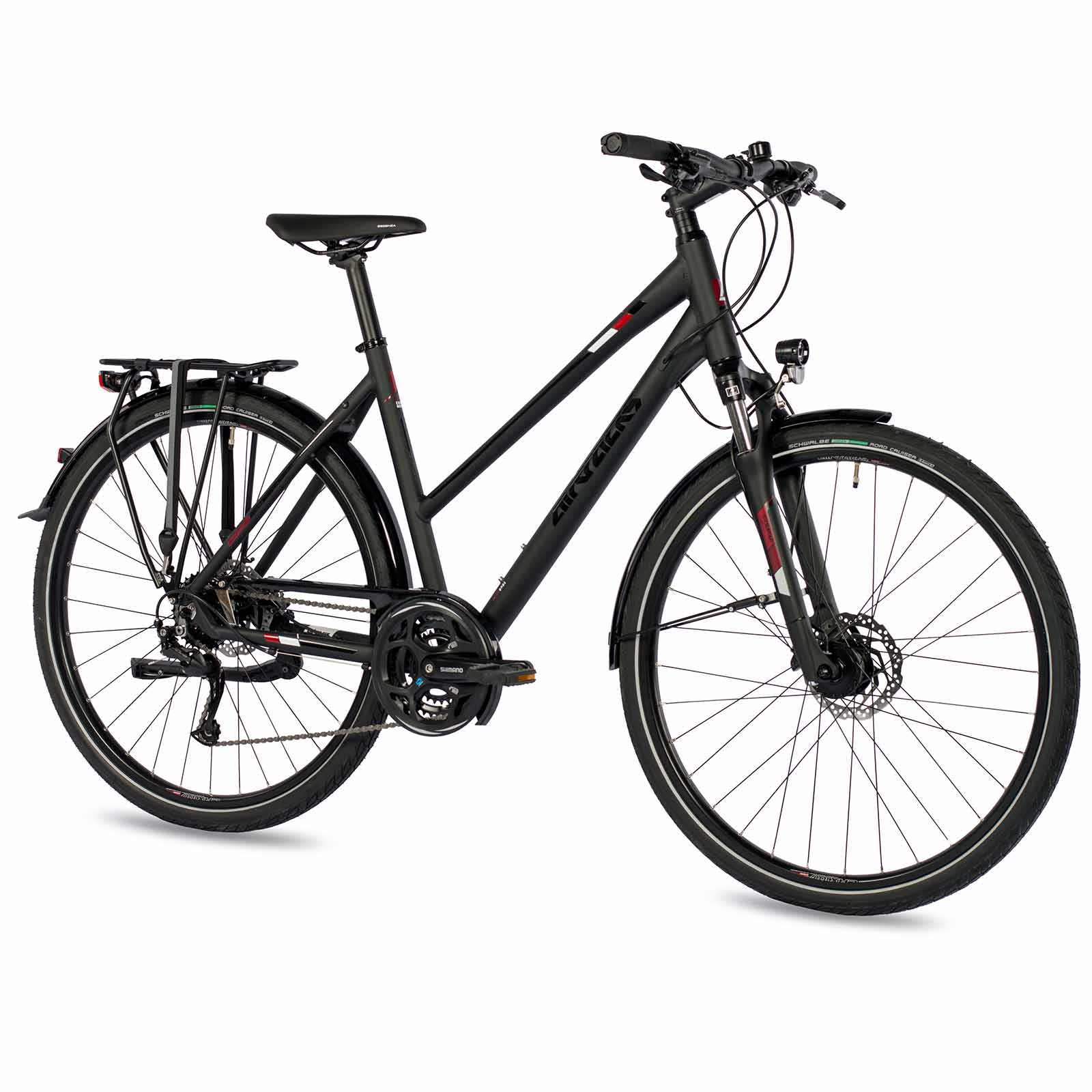 Ein schwarzes Fahrrad mit elegantem Design, einschließlich Schutzblechen, Gepäckträger und bequemen Sitz. Mit der Marke ARVADO.