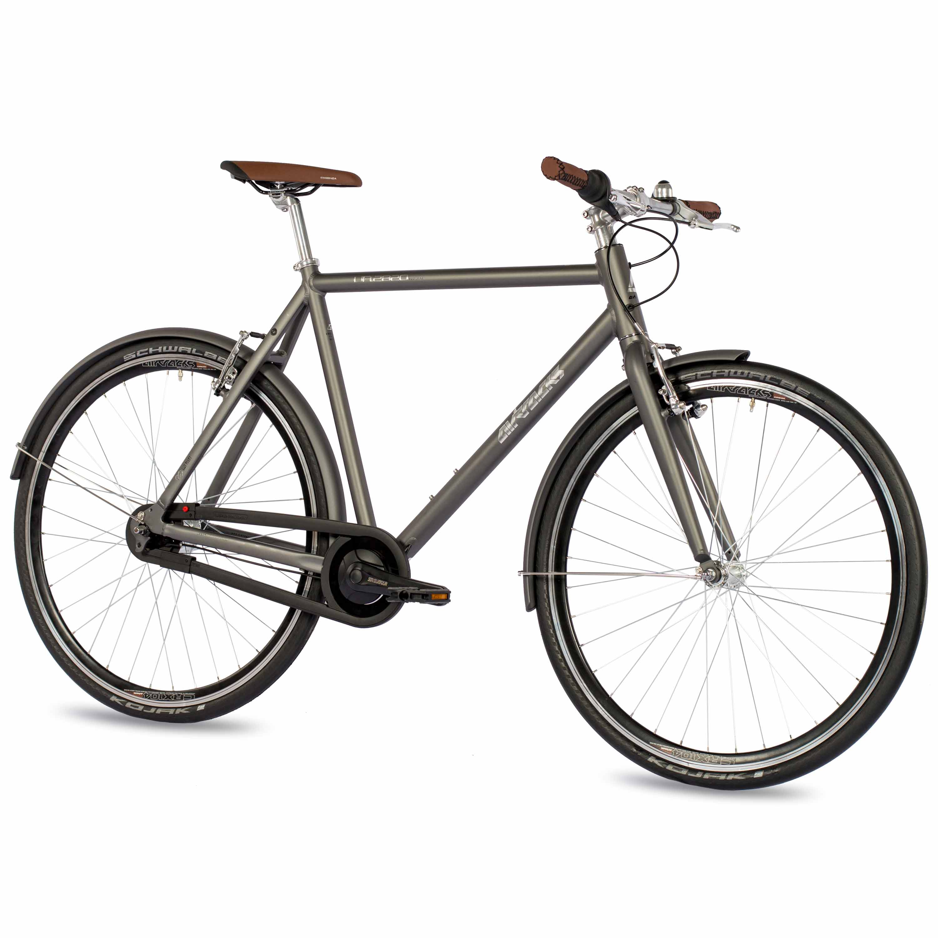 Ein graues Citybike mit braunem Sattel und Griffen, mit dem Markennamen auf dem Rahmen.