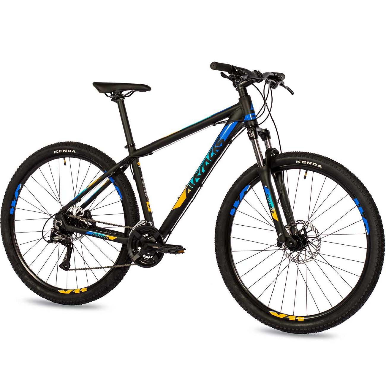 Schwarzes Mountainbike mit blauen und gelben Akzenten. Kenda-Reifen, schwarzer Rahmen. Weißer Hintergrund.
