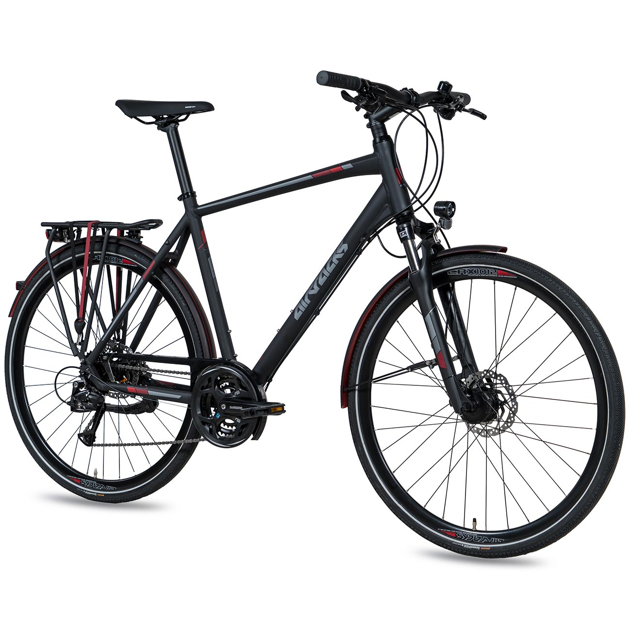 Ein schwarzes Fahrrad. Es hat rote Akzente und einen Gepäckträger. Der Hintergrund ist weiß.