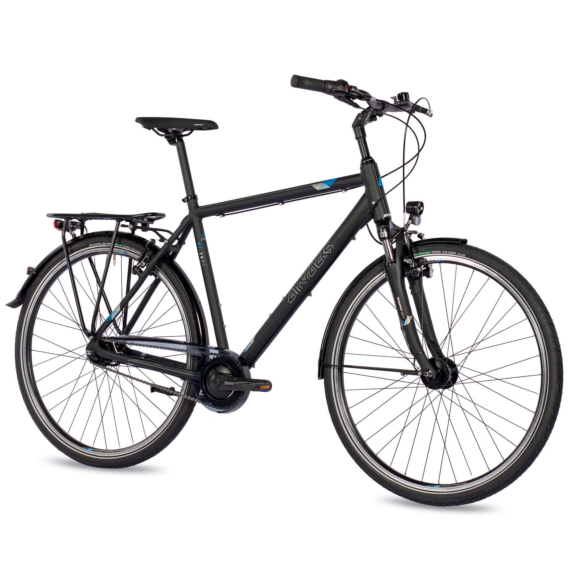 Schwarzes Fahrrad auf weißem Hintergrund. Das Fahrrad hat blaue Akzente.