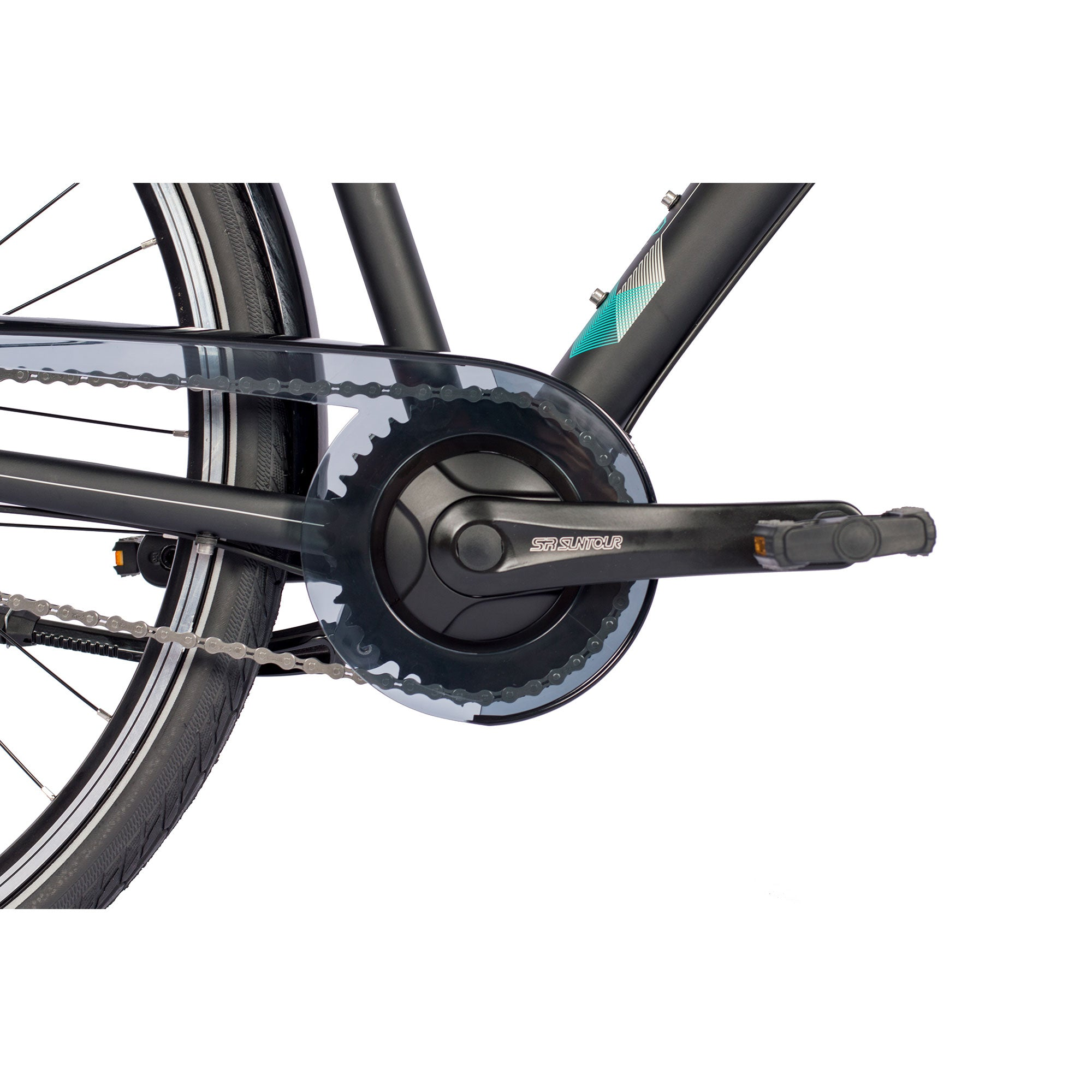 Die Kette und die Zahnräder eines Fahrrads. Das Fahrrad ist schwarz. Die Kette ist silber.