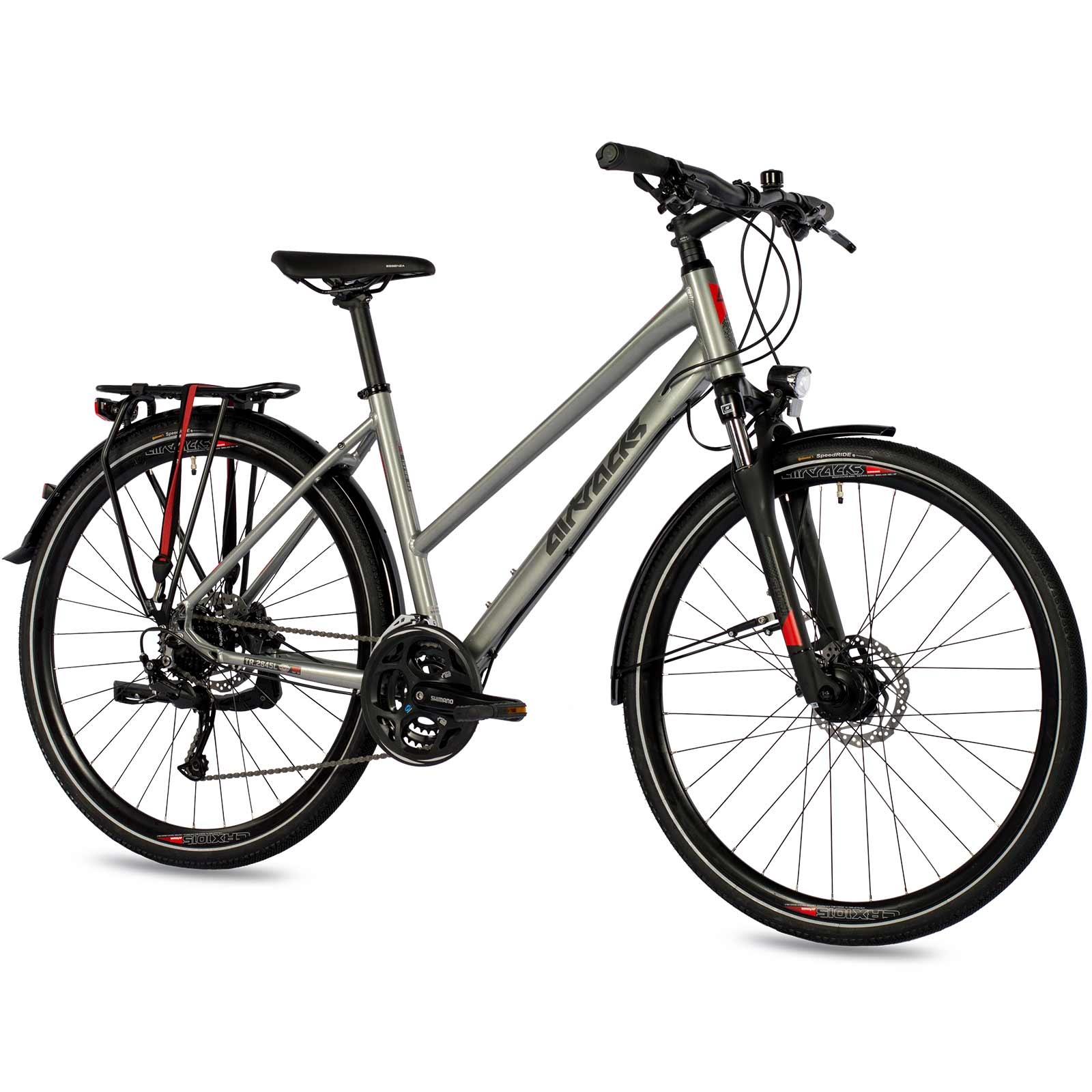Ein graues Fahrrad mit roten Details, dem Markennamen auf dem Rahmen und einem schwarzen Sattel.