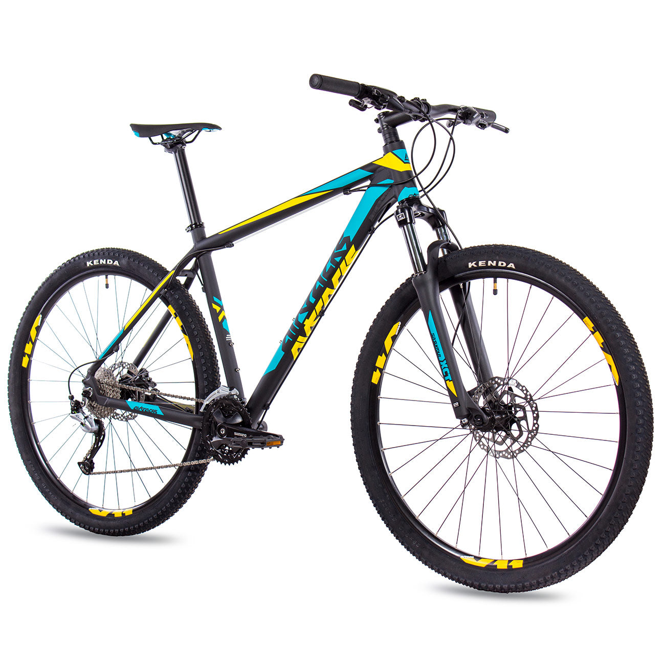 Schwarzes Mountainbike mit gelben und blauen Akzenten, vor weißem Hintergrund.