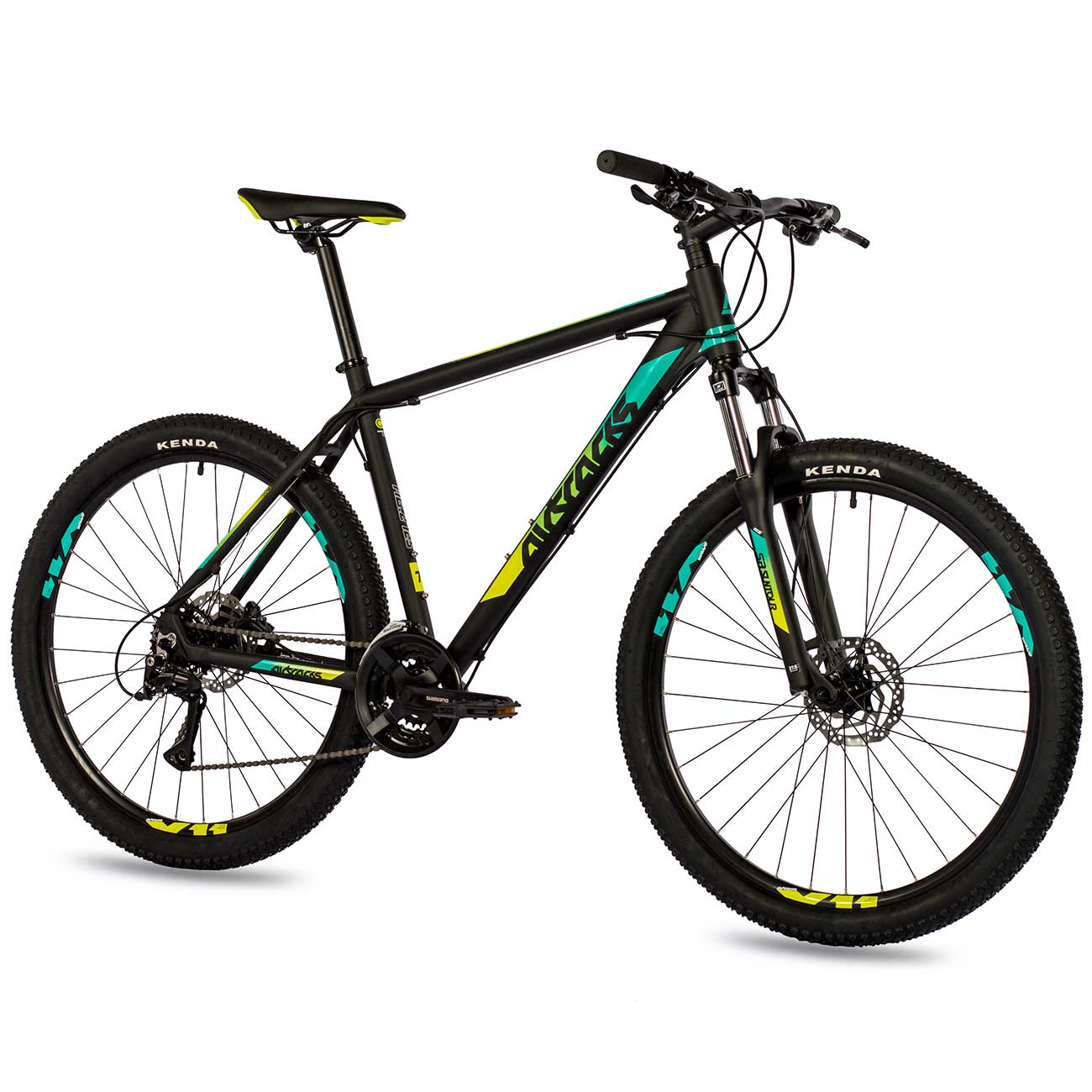 Ein schwarzes Mountainbike mit schwarzen Reifen und gelben und türkisfarbenen Akzenten vor weißem Hintergrund.