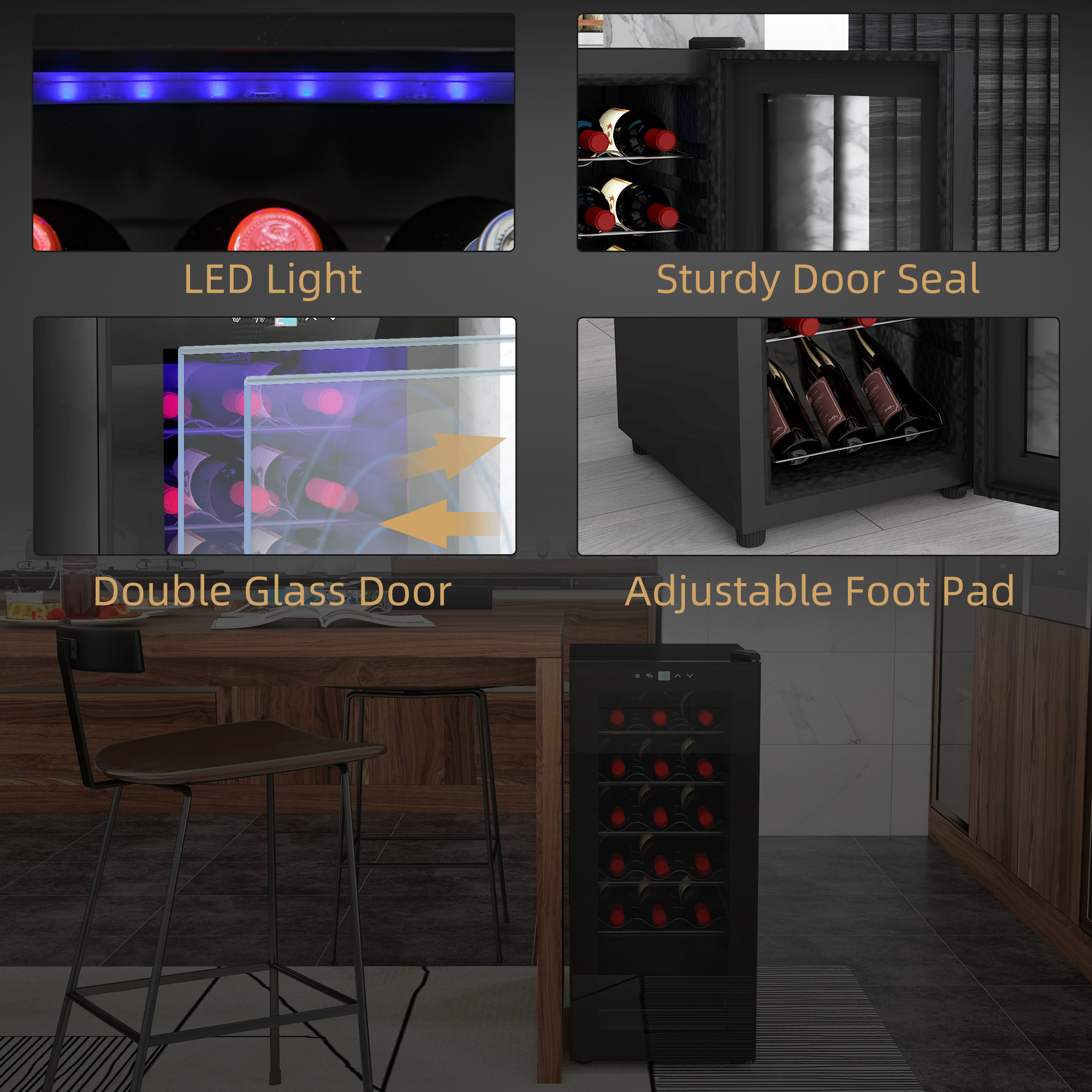 Cantinetta vino con luci LED, porta a doppio vetro, guarnizione robusta e piedini regolabili.