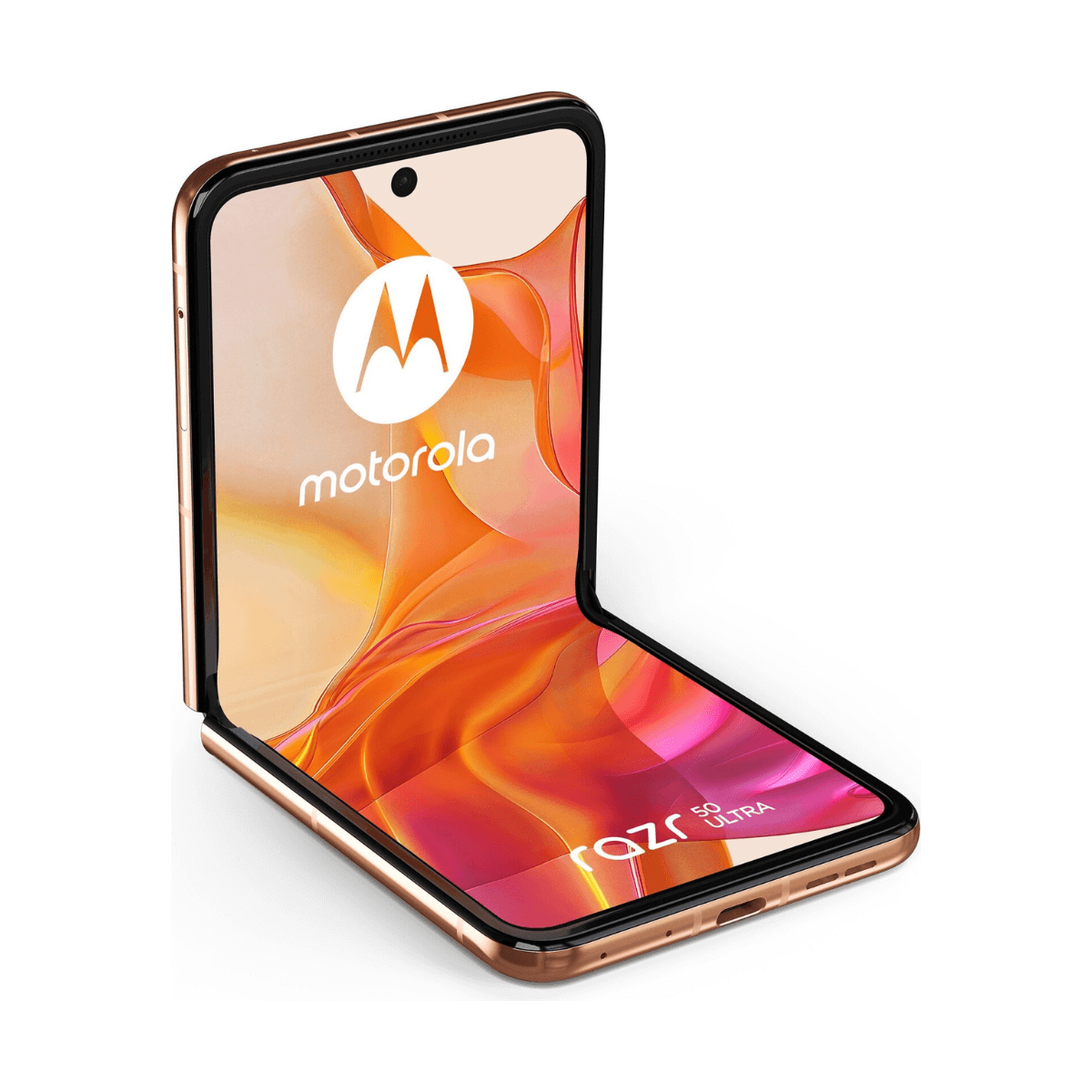 Motorola Razr 50 Ultra, częściowo otwarta, na białej powierzchni. Logo Motorola jest widoczne.