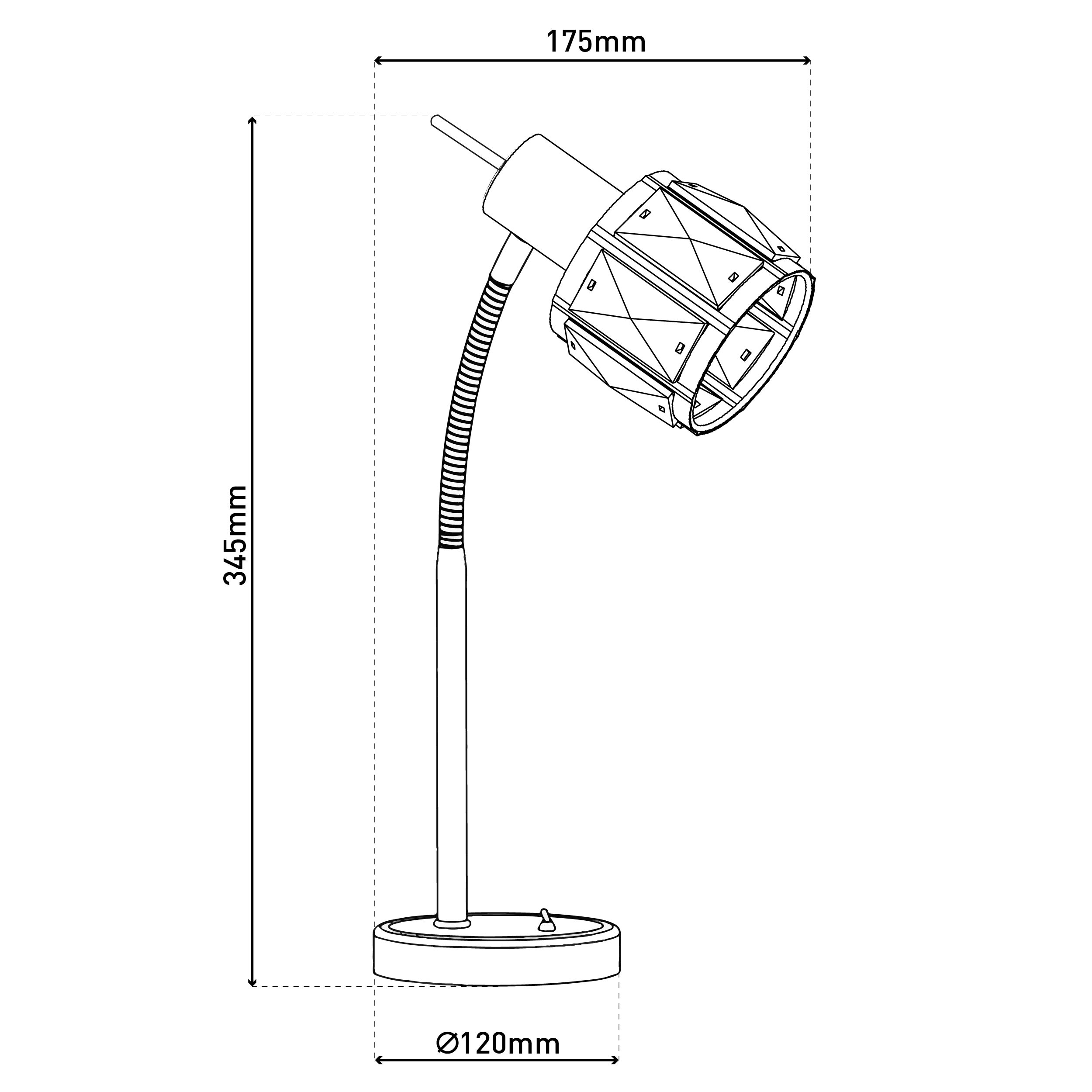 Strichzeichnung einer Schreibtischlampe mit Maßen: 345mm Höhe, 175mm Breite, 120mm Durchmesser.