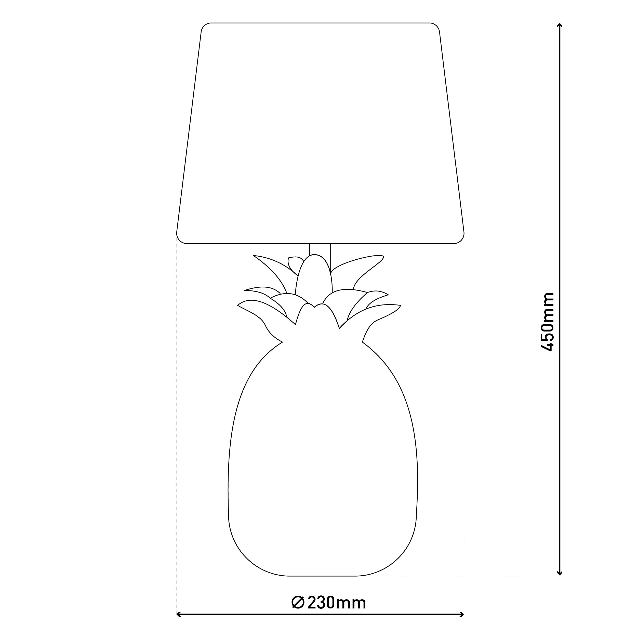 Eine Strichzeichnung einer Ananas-Lampe mit Abmessungen. Die Lampe hat einen Lampenschirm.