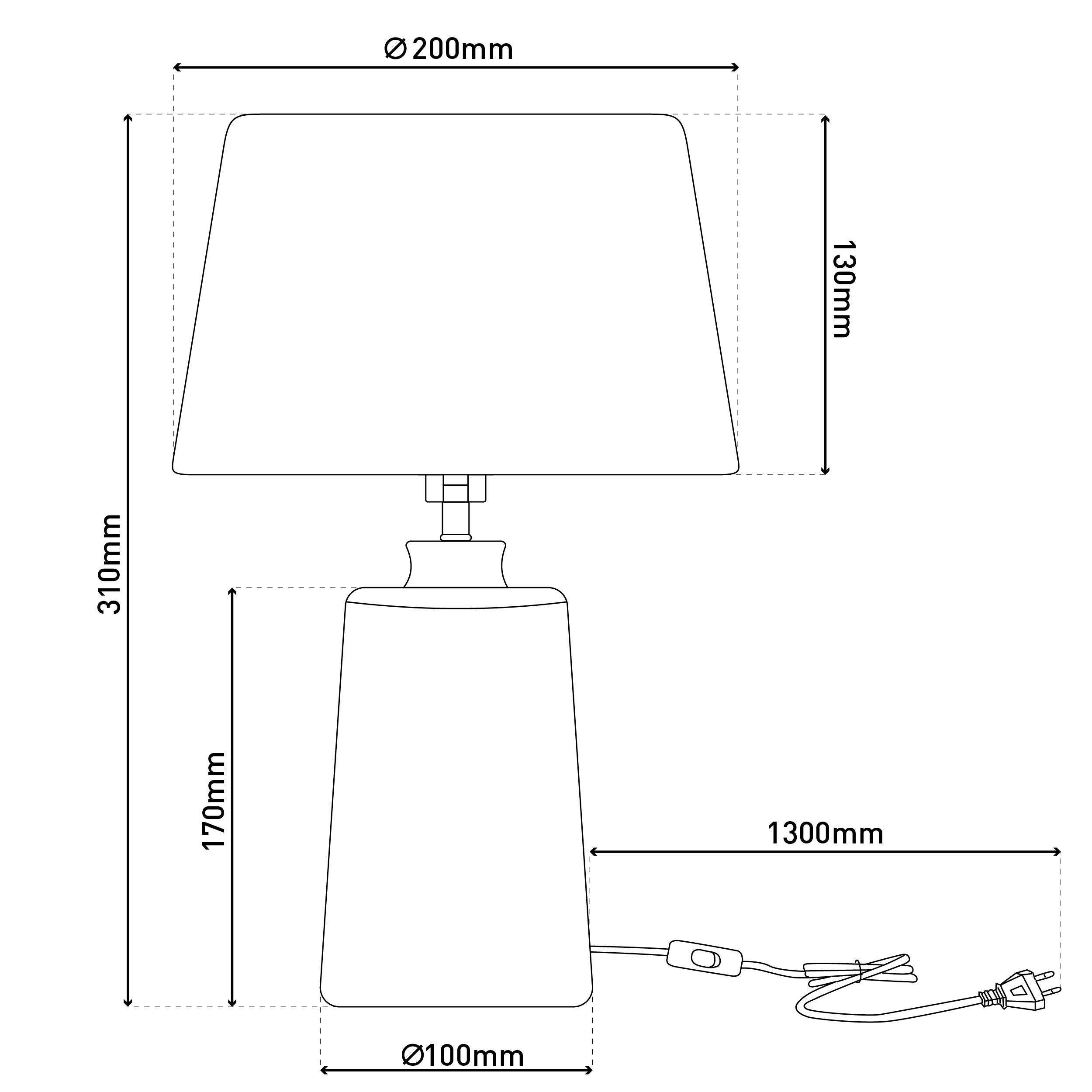 Eine Lampe mit beschrifteten Abmessungen. Sie hat einen weißen Schirm, einen weißen Sockel und ein schwarzes Kabel.