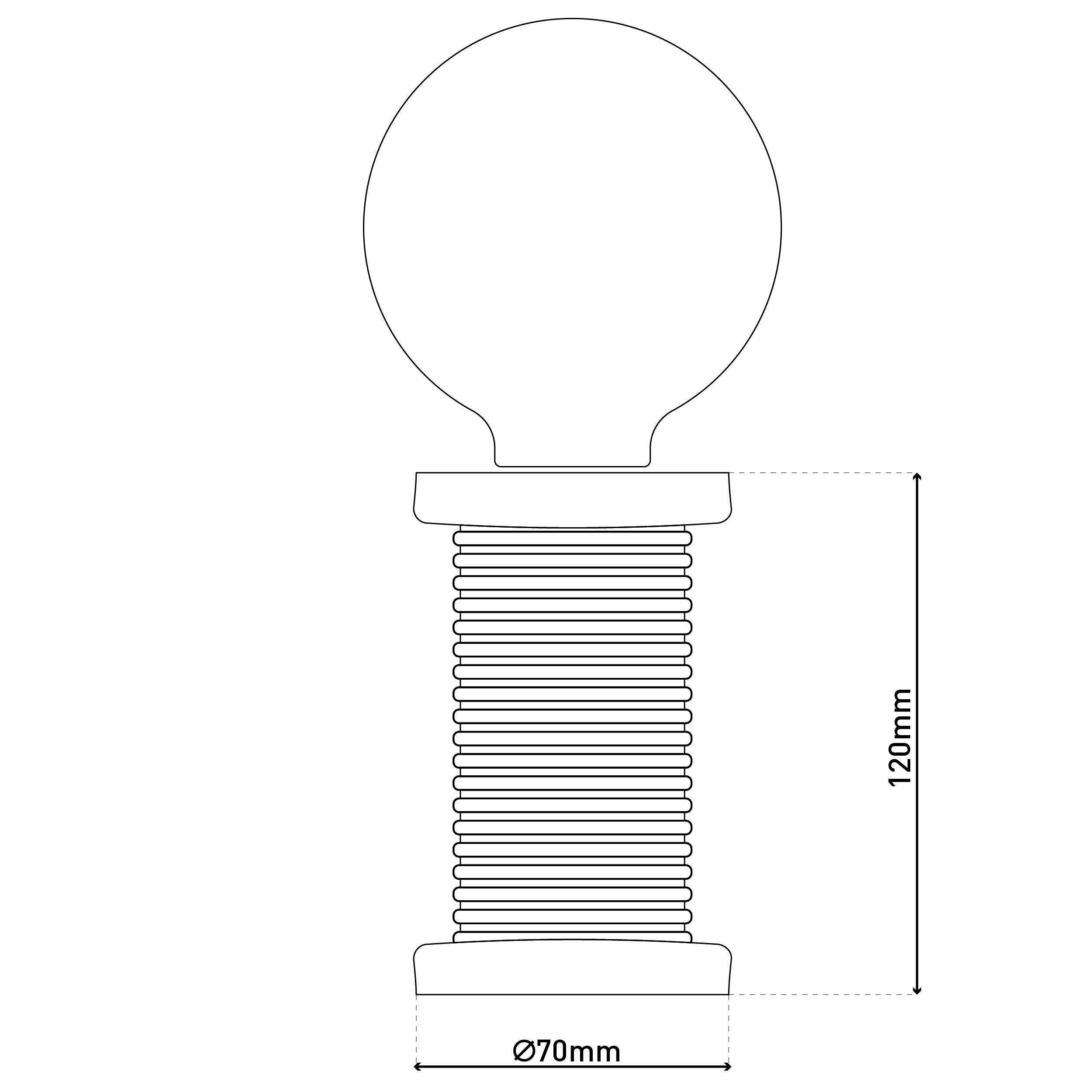Lampen-Design mit Maßen. Ein runder Kopf und ein gerippter Körper. Weißer Hintergrund.