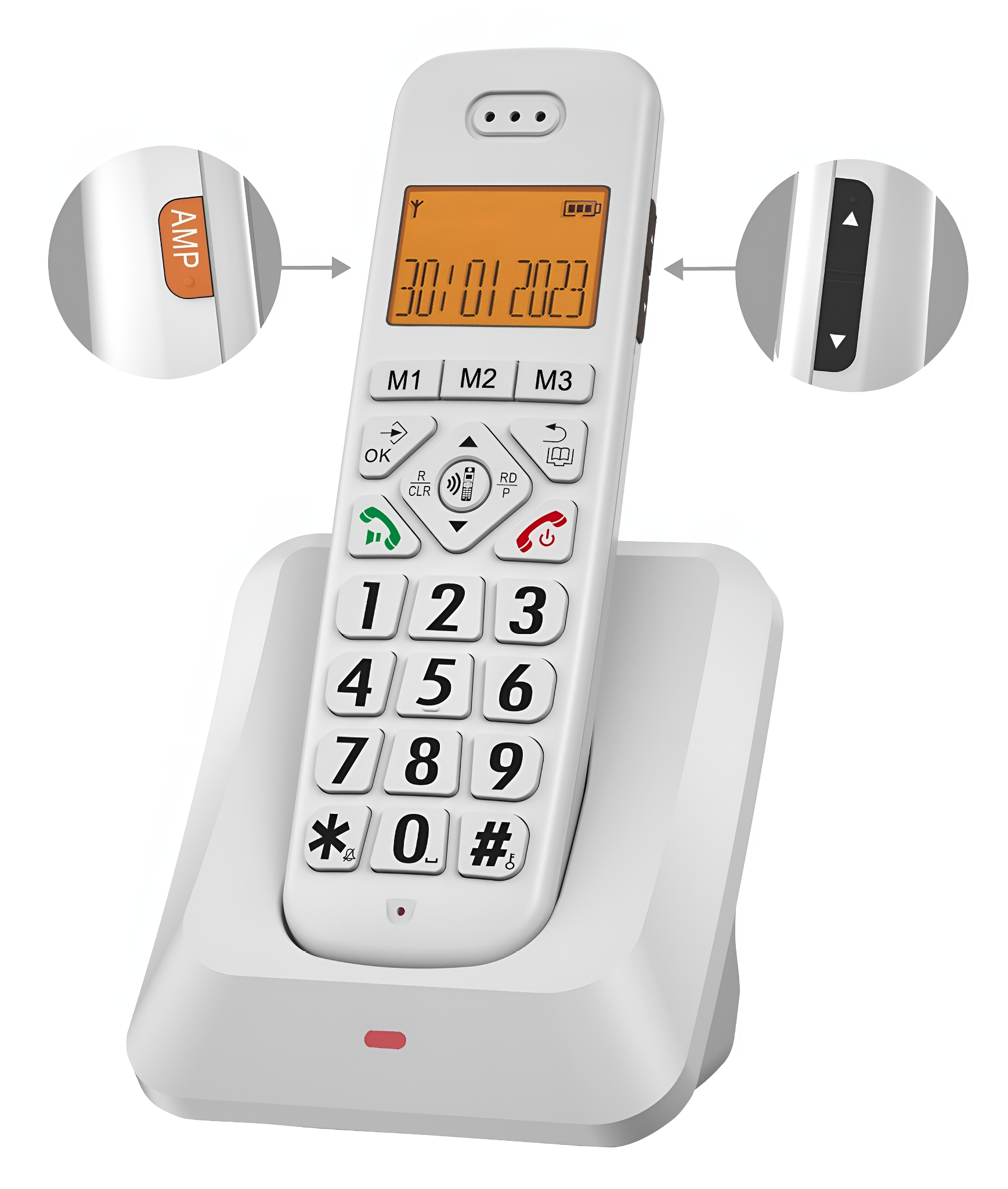 Weißes Festnetztelefon mit großen Tasten und Ladestation, Pfeile heben Funktionen hervor.