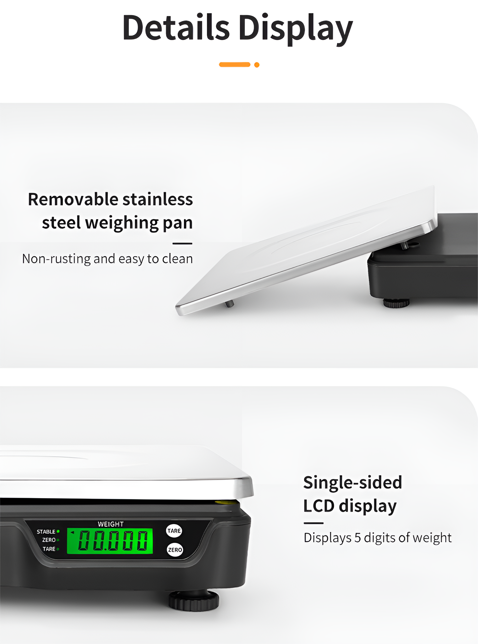 Details Display einer Digitalwaage. Zeigt eine Edelstahlwanne und LCD-Anzeige mit Gewicht.