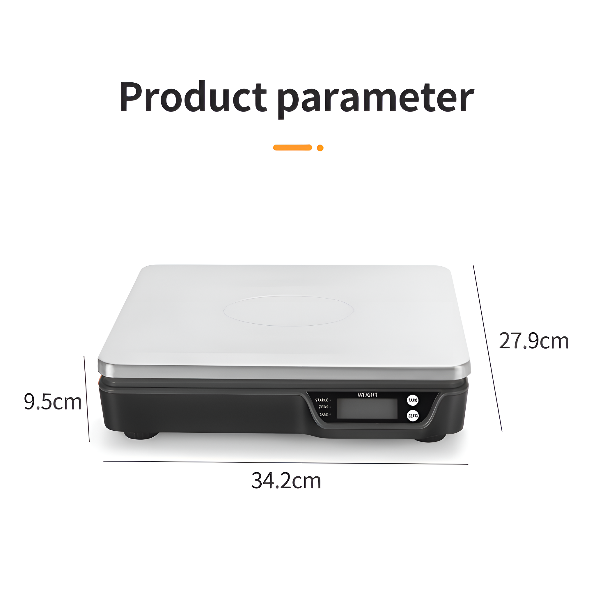 Digitale Küchenwaage mit Maßangaben. Sie ist silber und schwarz, mit Display und Knöpfen.