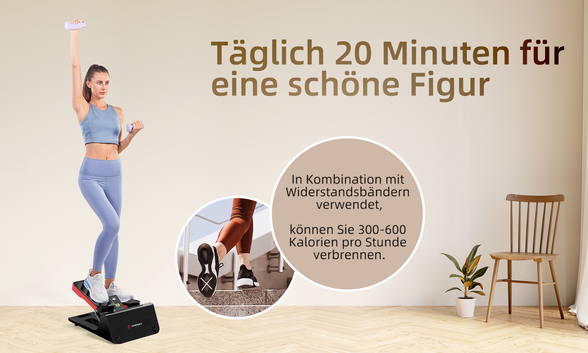 Frau trainiert auf einem Stepper. Text: 20 Minuten für eine gute Figur.