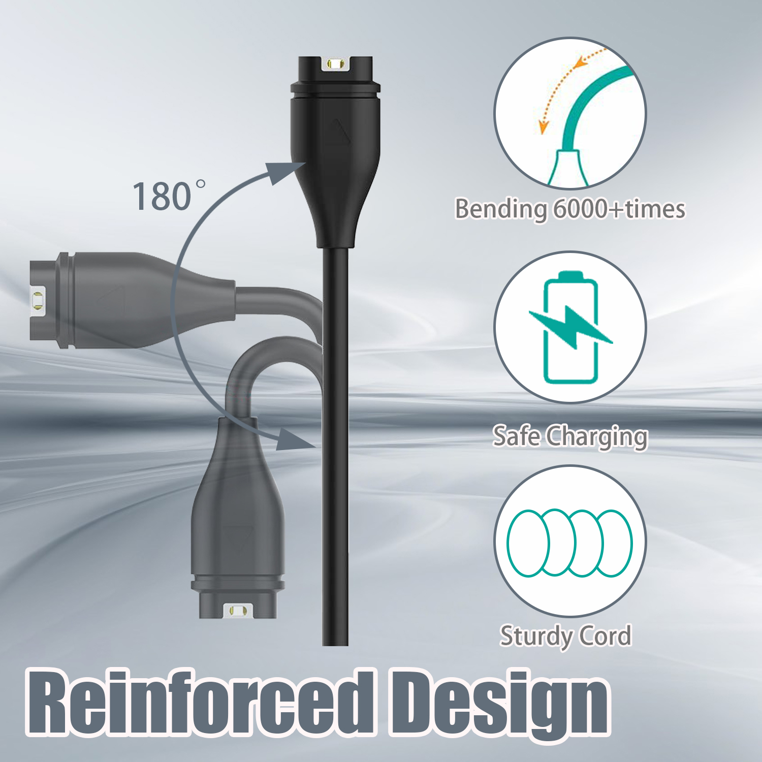 Schwarzes Ladekabel mit Biege-, Akku- und robusten Kabelsymbolen, mit dem Text 'Reinforced Design'.