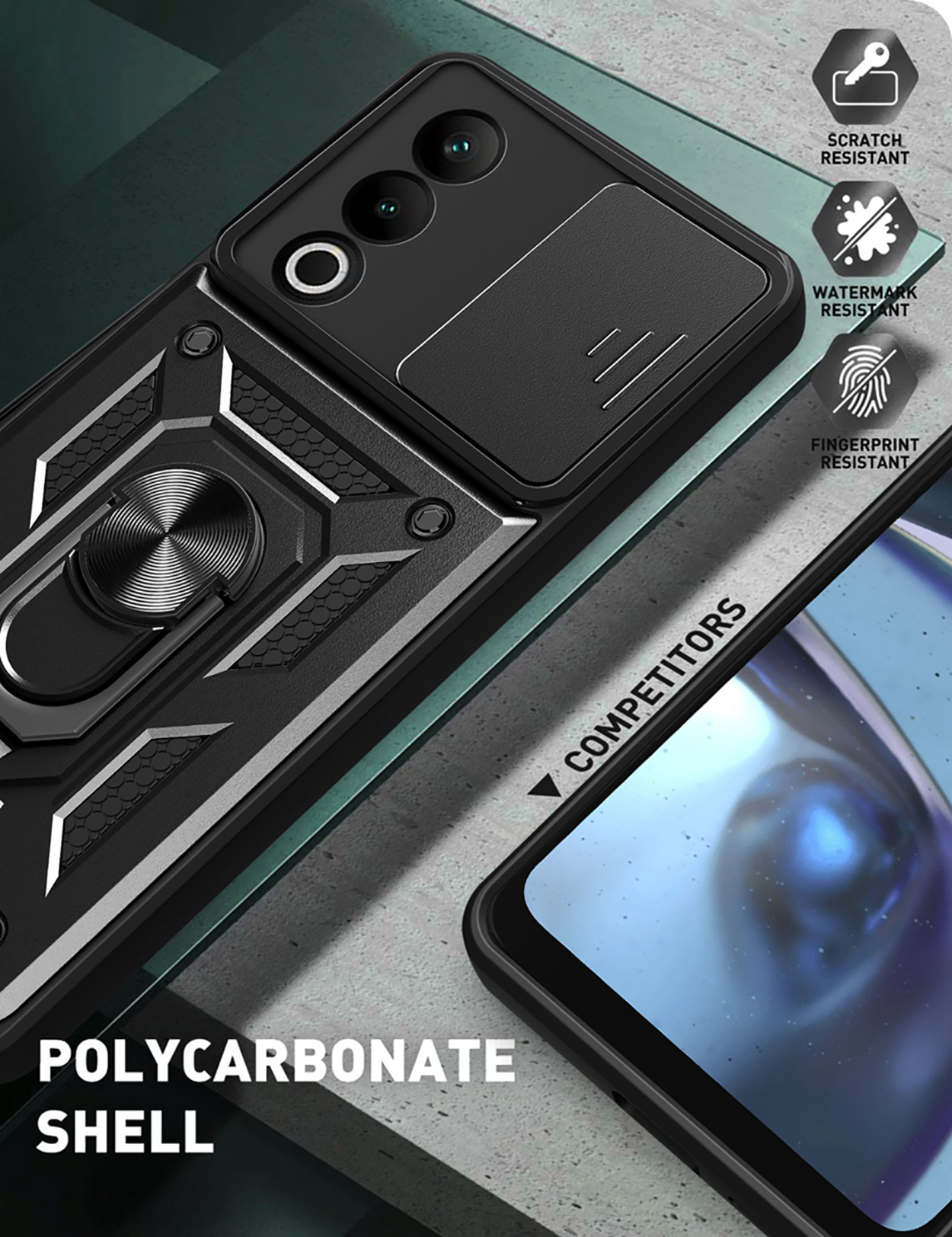 Zwarte telefoonhoes met cameralensafdekking, ringhouder en tekst: "POLYCARBONATE SHELL".