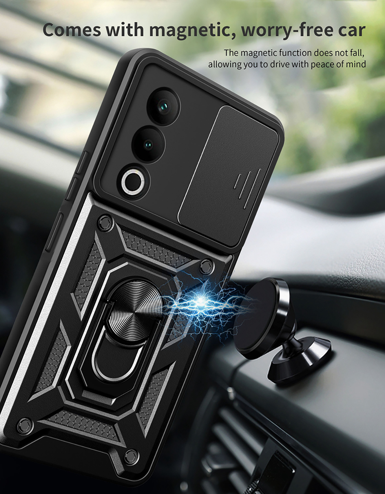Zwarte telefoonhoes met cameralensafdekking en ringhouder, gemonteerd in een auto.