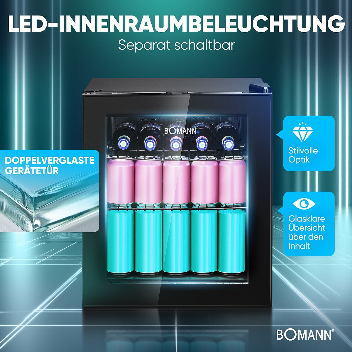 Ein Minikühlschrank mit Getränken in Dosen, mit Etiketten für LED-Beleuchtung und Klarglas.