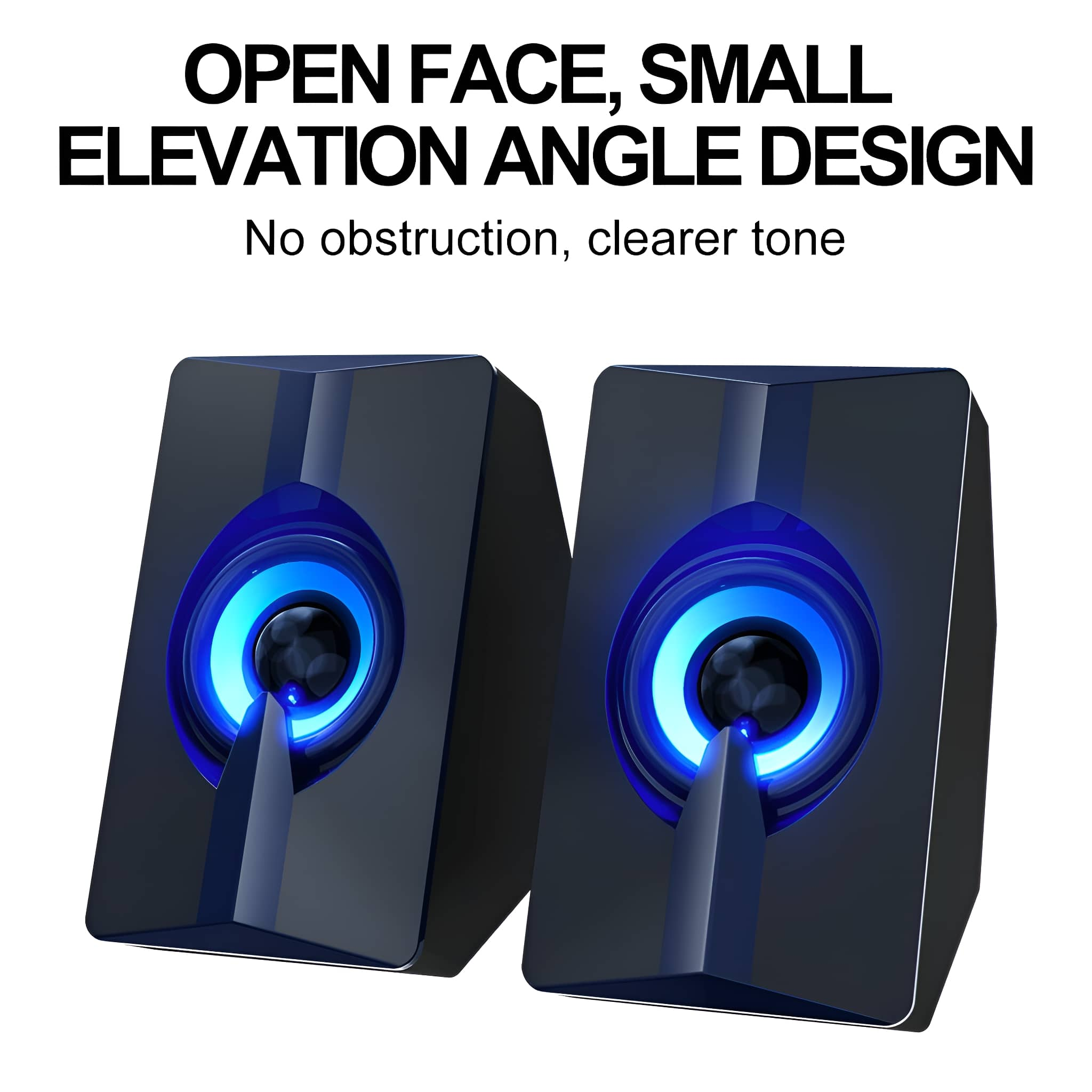 Zwei schwarze Lautsprecher mit blau leuchtenden Kreisen und Text über Design und Ton.