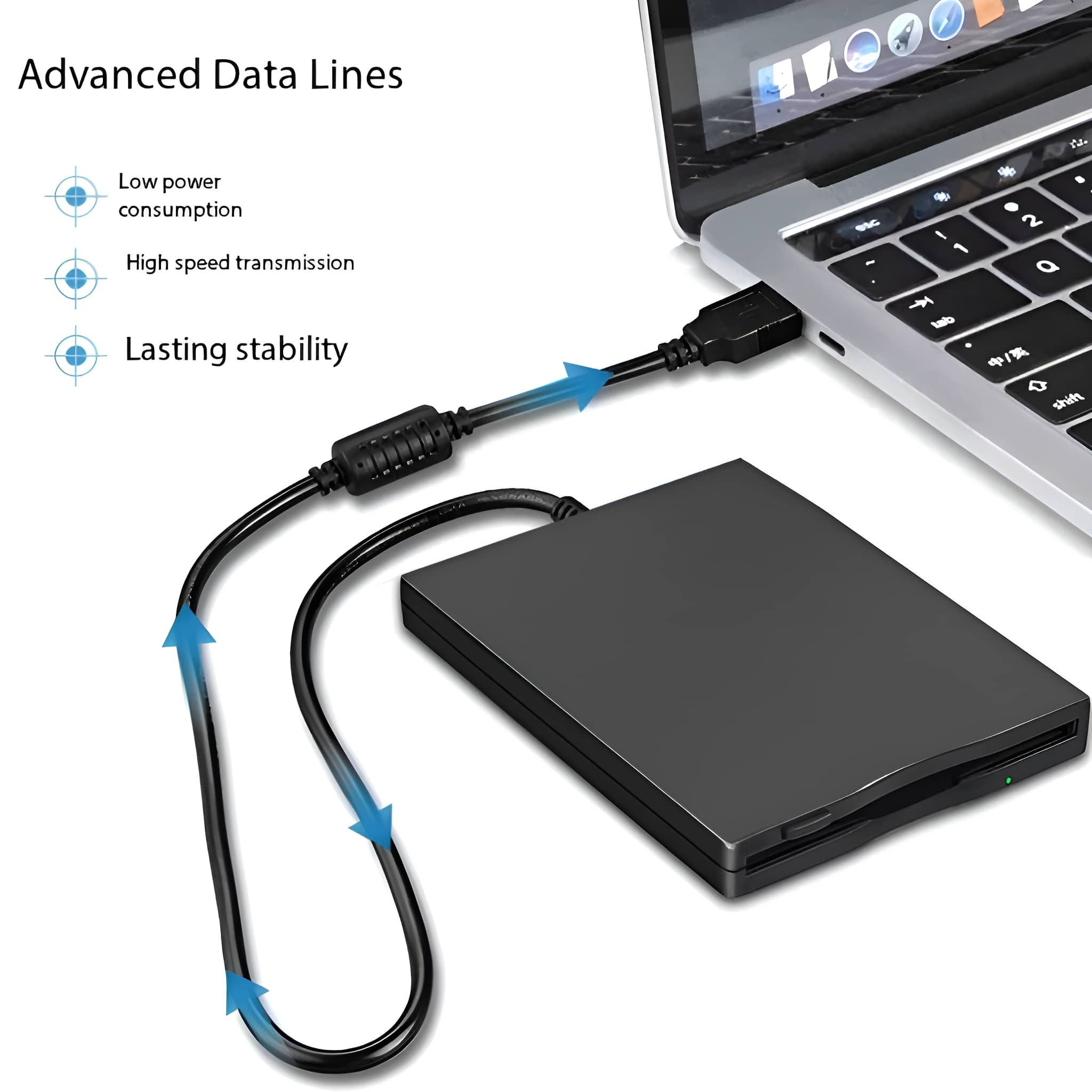 Schwarzes externes Diskettenlaufwerk mit angeschlossenem USB-Kabel. Text: Advanced Data Lines, Low Power, Stabilität.