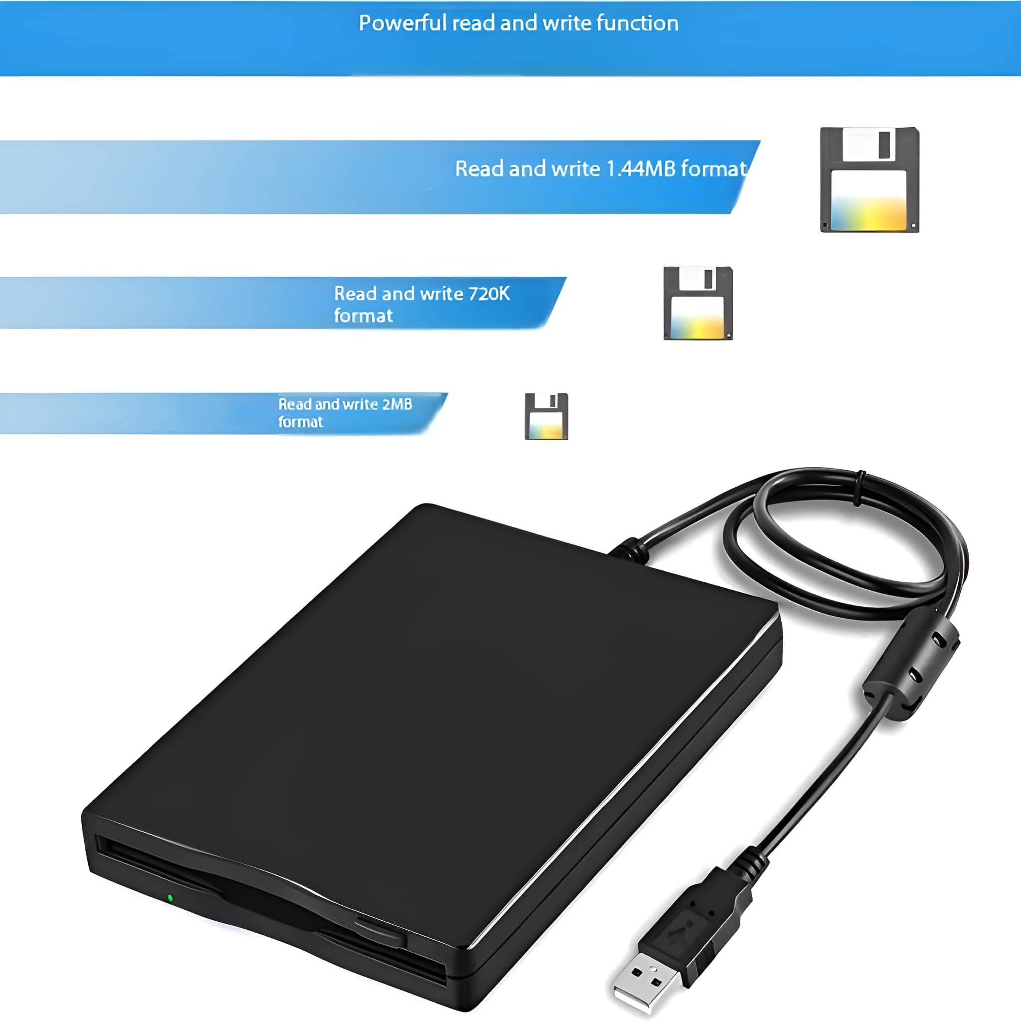Schwarzes externes Diskettenlaufwerk mit USB-Kabel. Das Bild zeigt die Funktionen Lesen und Schreiben.